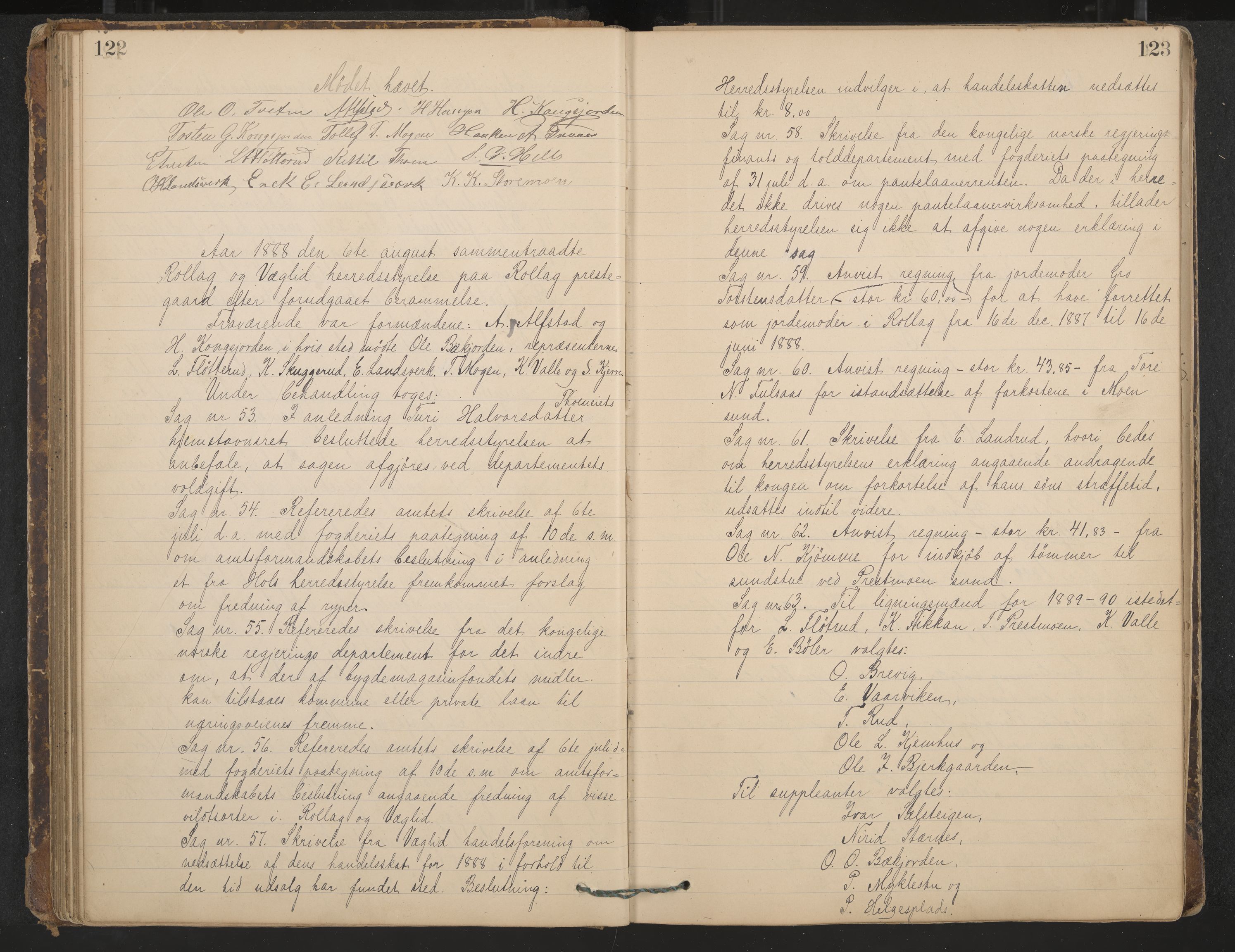 Rollag formannskap og sentraladministrasjon, IKAK/0632021-2/A/Aa/L0003: Møtebok, 1884-1897, p. 122-123