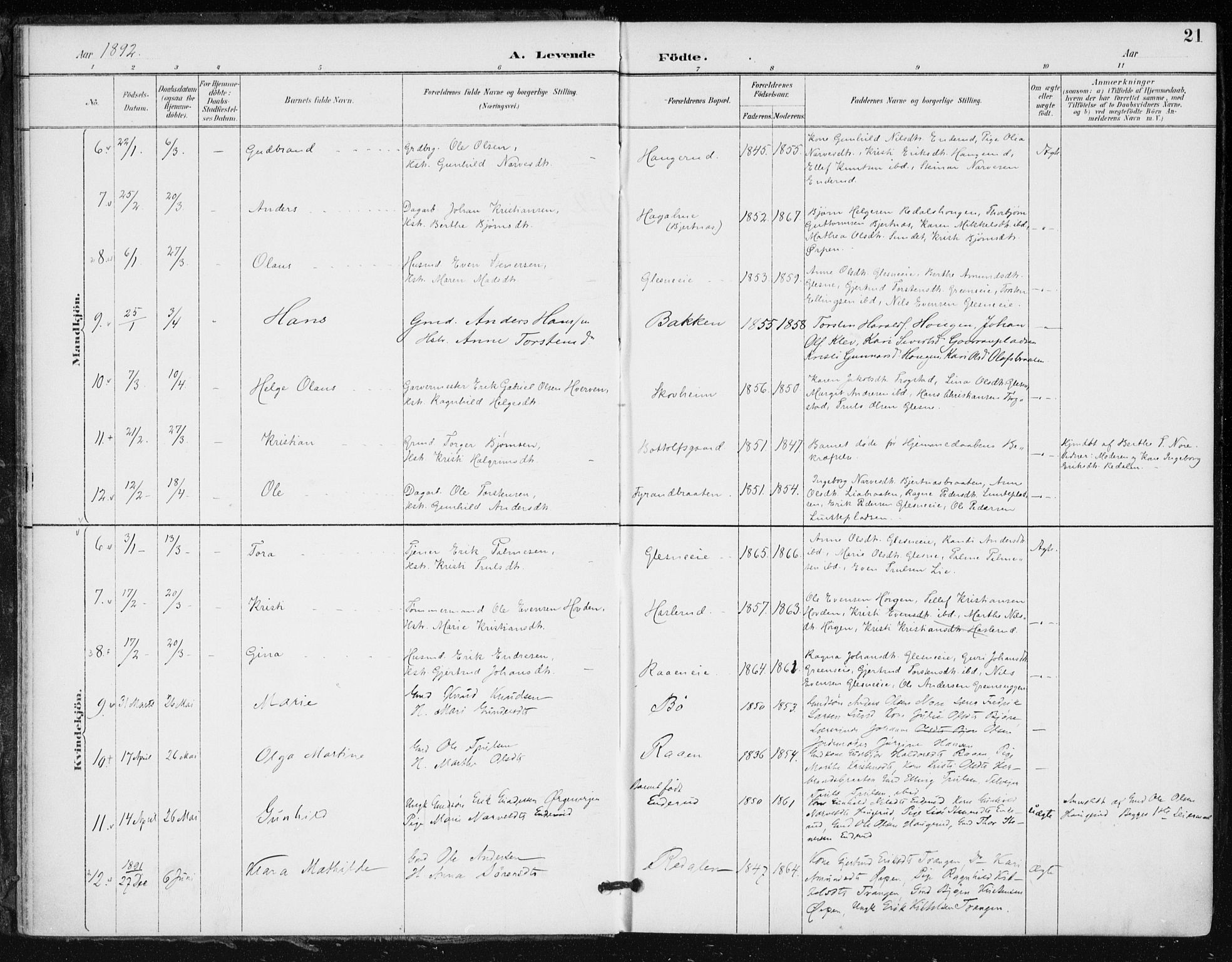 Krødsherad kirkebøker, AV/SAKO-A-19/F/Fa/L0006: Parish register (official) no. 6, 1889-1899, p. 21