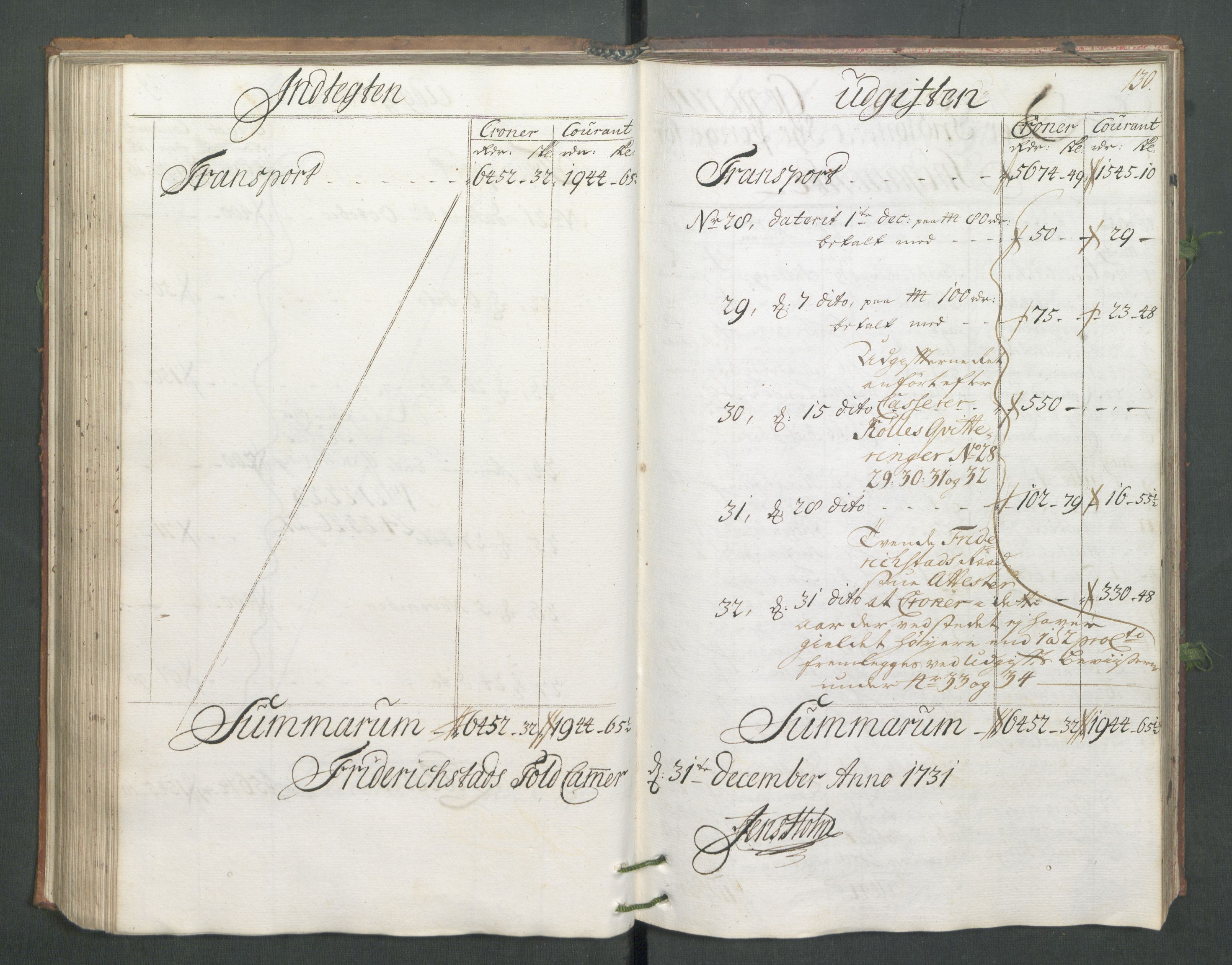 Generaltollkammeret, tollregnskaper, AV/RA-EA-5490/R02/L0006/0001: Tollregnskaper Fredrikstad / Hovedtollbok, 1731, p. 130