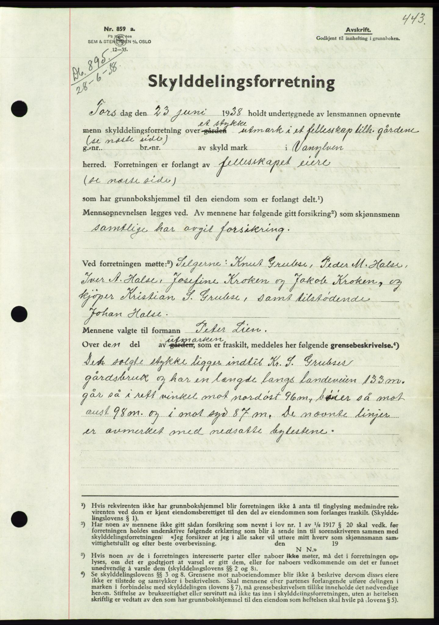 Søre Sunnmøre sorenskriveri, AV/SAT-A-4122/1/2/2C/L0065: Mortgage book no. 59, 1938-1938, Diary no: : 895/1938