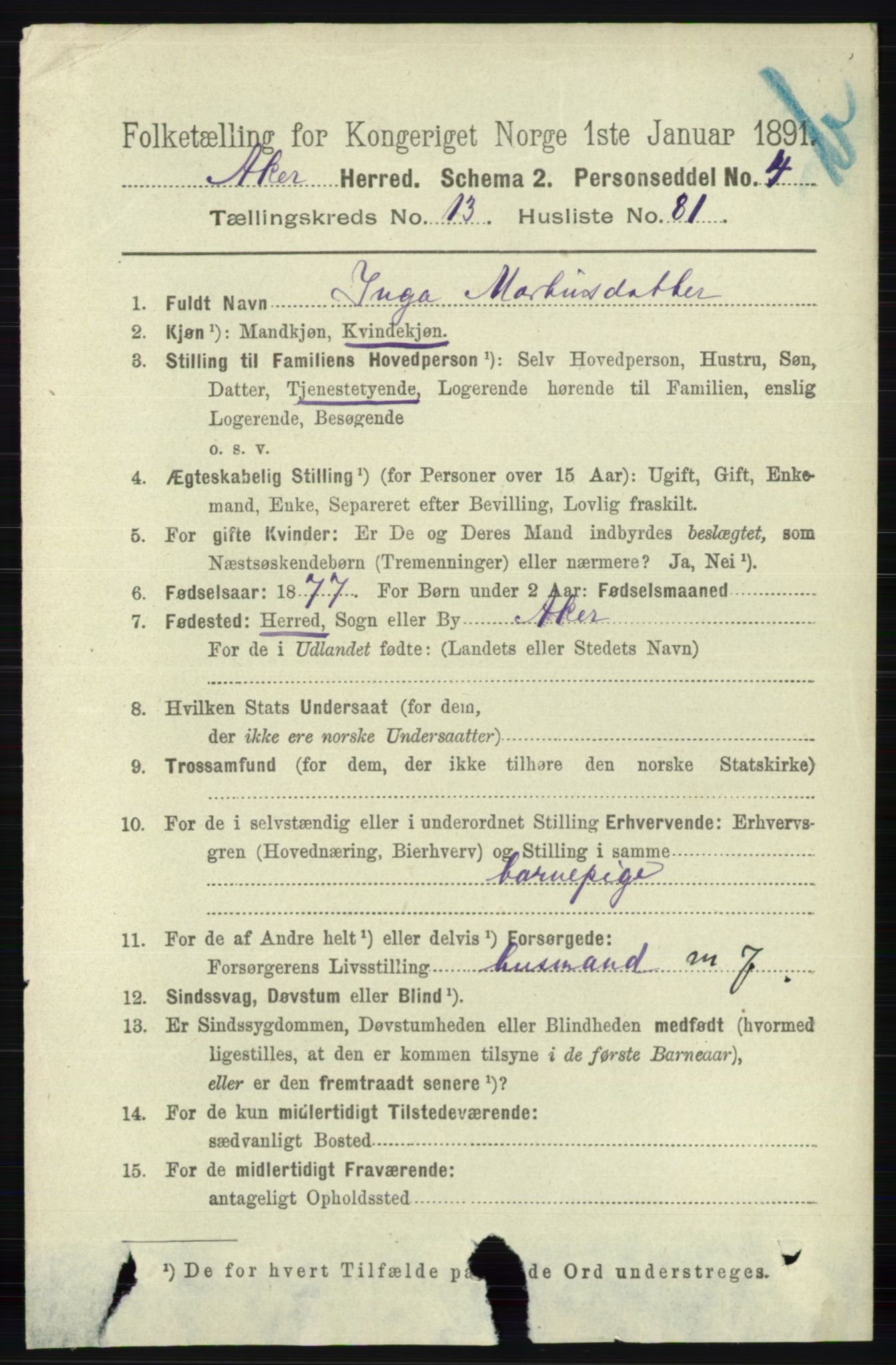 RA, 1891 census for 0218 Aker, 1891, p. 12660