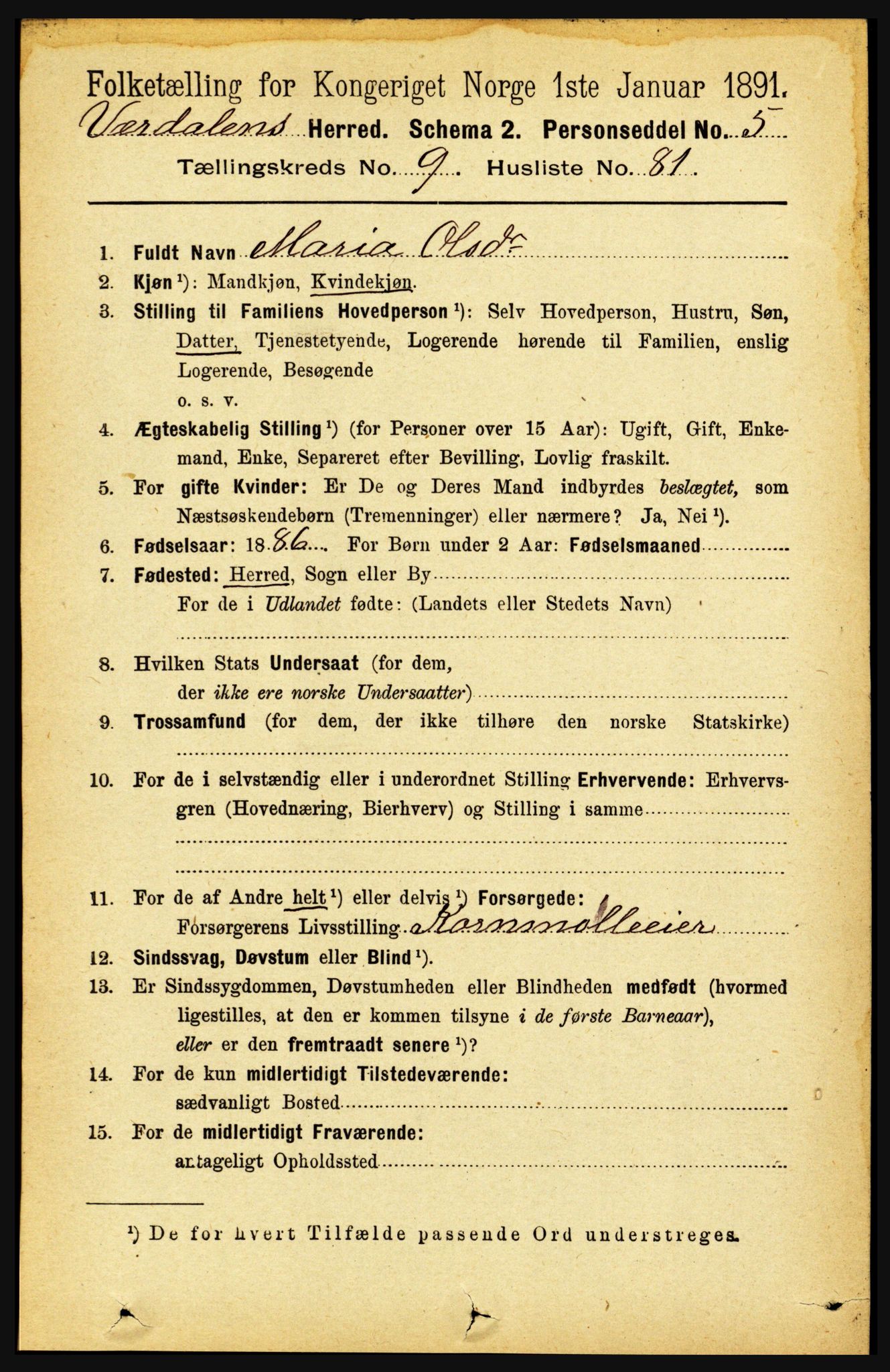 RA, 1891 census for 1721 Verdal, 1891, p. 5521