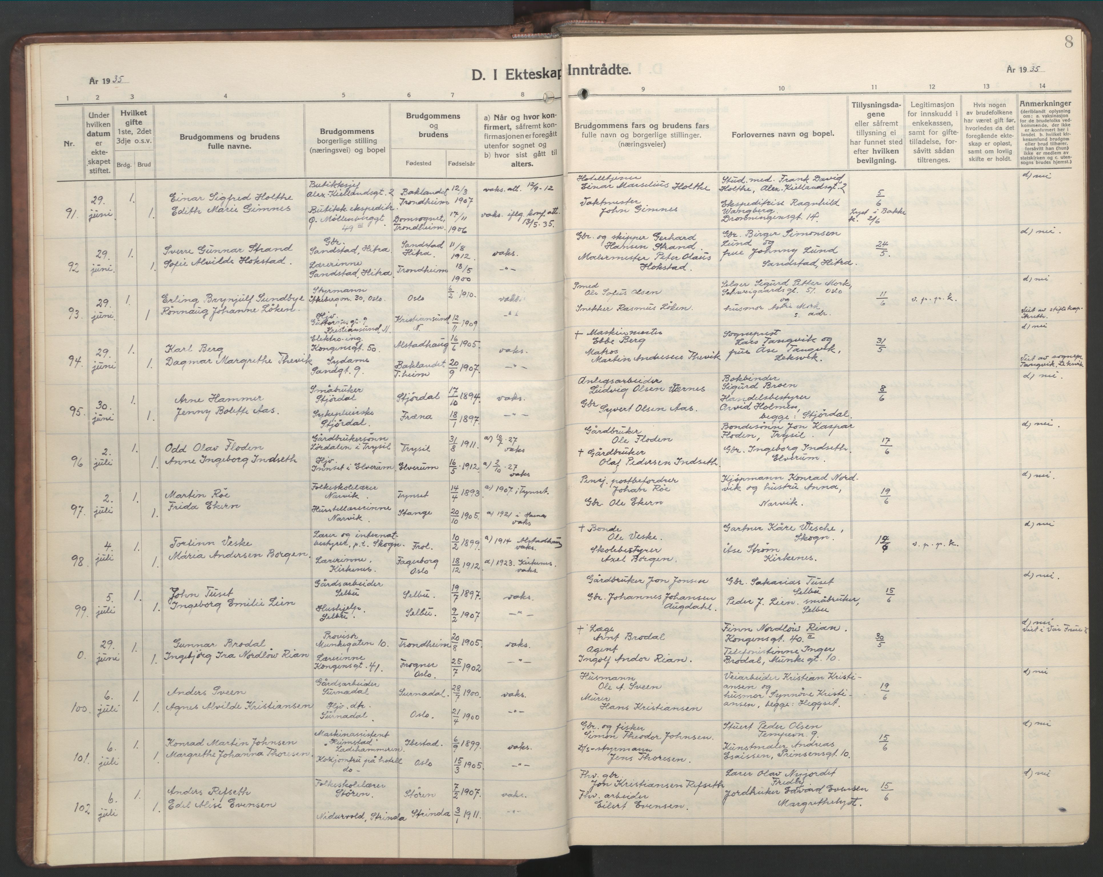 Ministerialprotokoller, klokkerbøker og fødselsregistre - Sør-Trøndelag, SAT/A-1456/601/L0101: Parish register (copy) no. 601C19, 1935-1946, p. 8