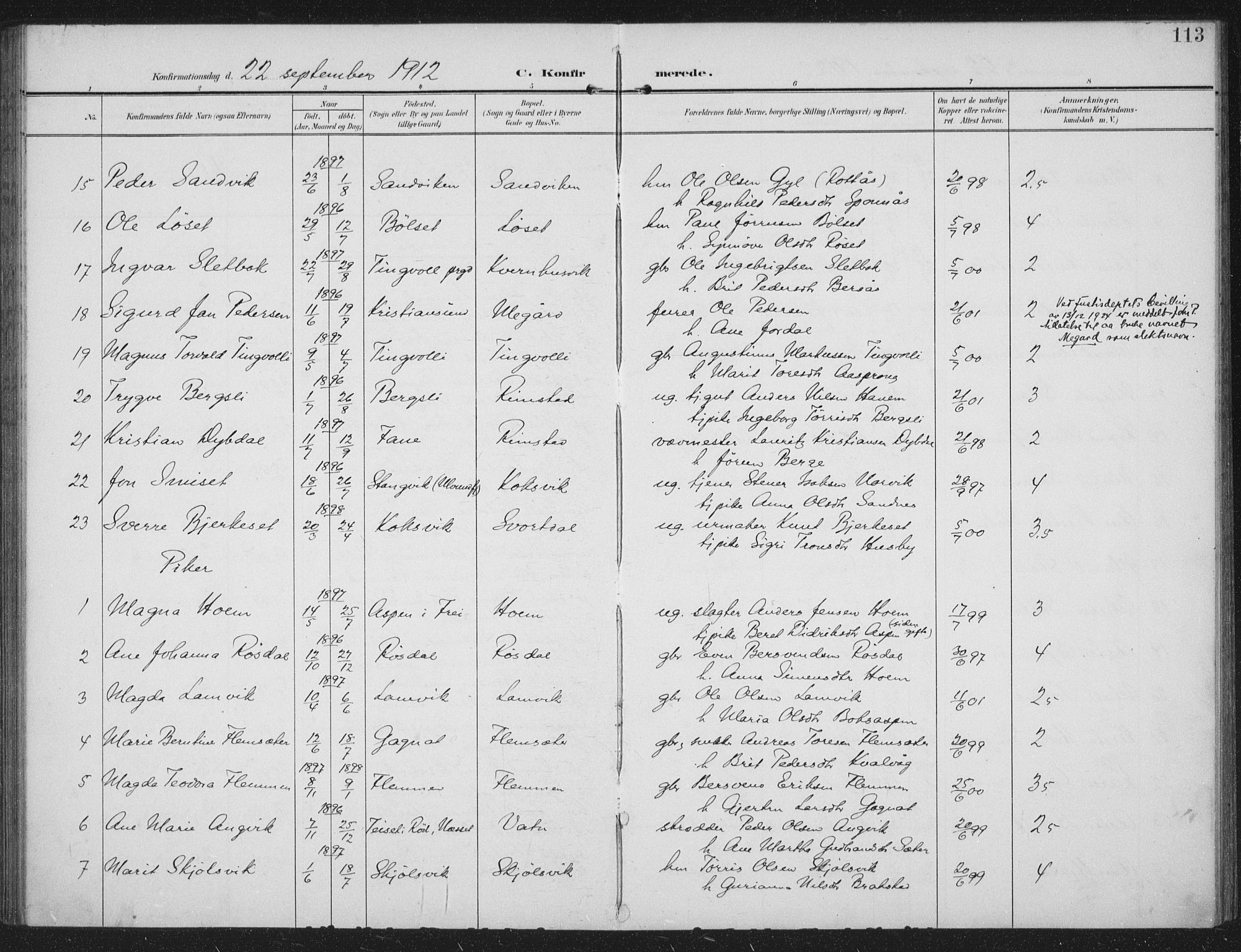 Ministerialprotokoller, klokkerbøker og fødselsregistre - Møre og Romsdal, AV/SAT-A-1454/586/L0989: Parish register (official) no. 586A15, 1906-1915, p. 113