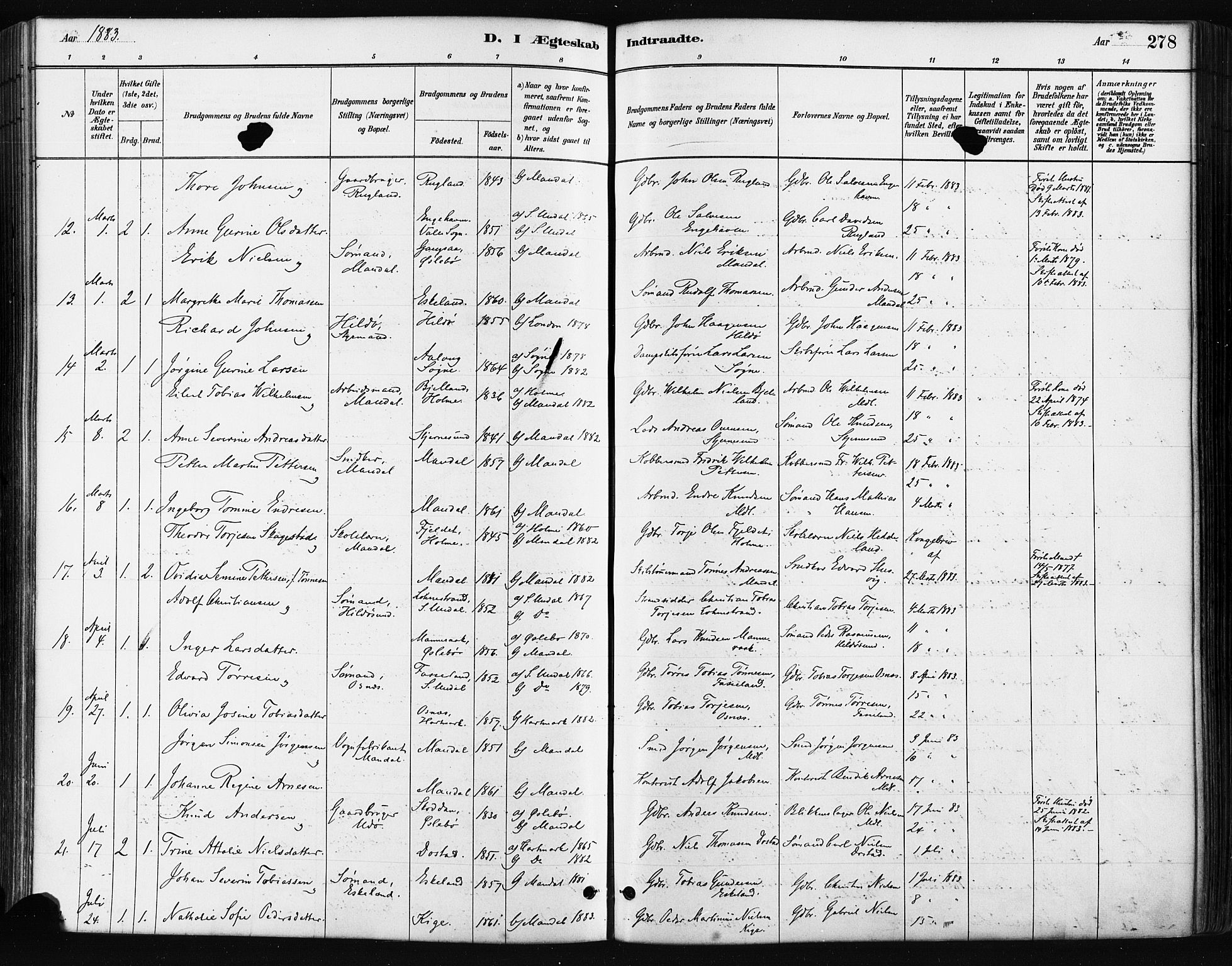 Mandal sokneprestkontor, AV/SAK-1111-0030/F/Fa/Faa/L0016: Parish register (official) no. A 16, 1880-1890, p. 278