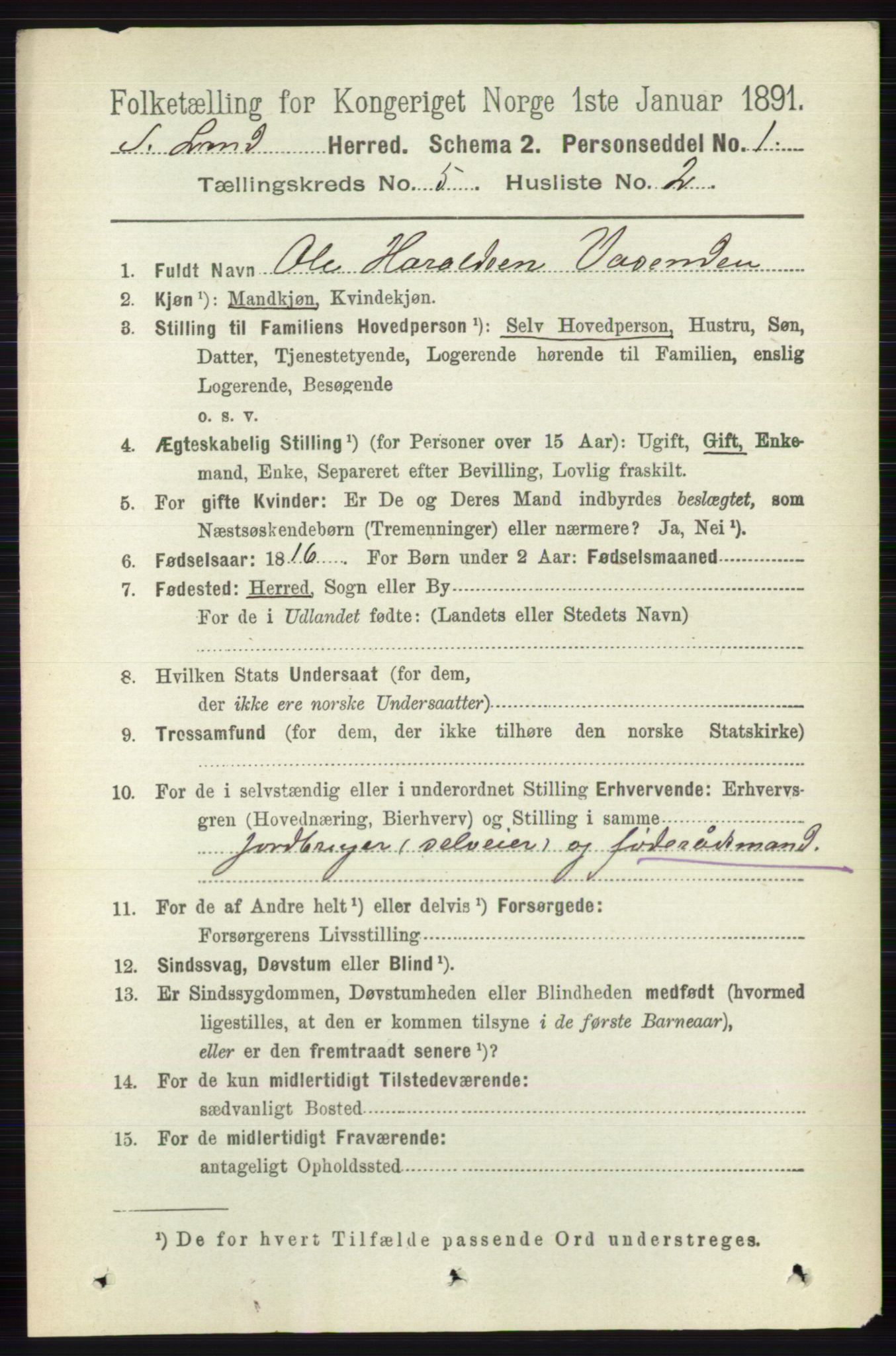 RA, 1891 census for 0536 Søndre Land, 1891, p. 4814