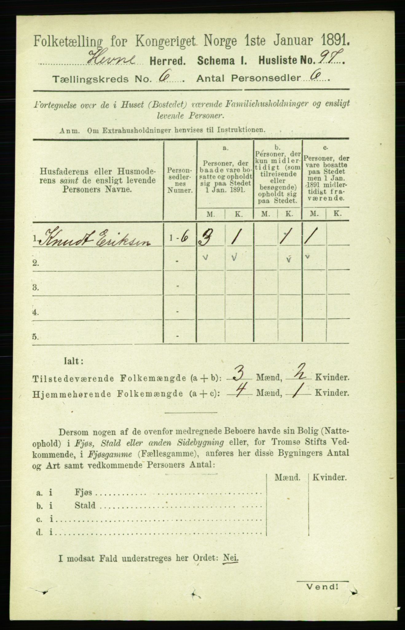 RA, 1891 census for 1612 Hemne, 1891, p. 3411