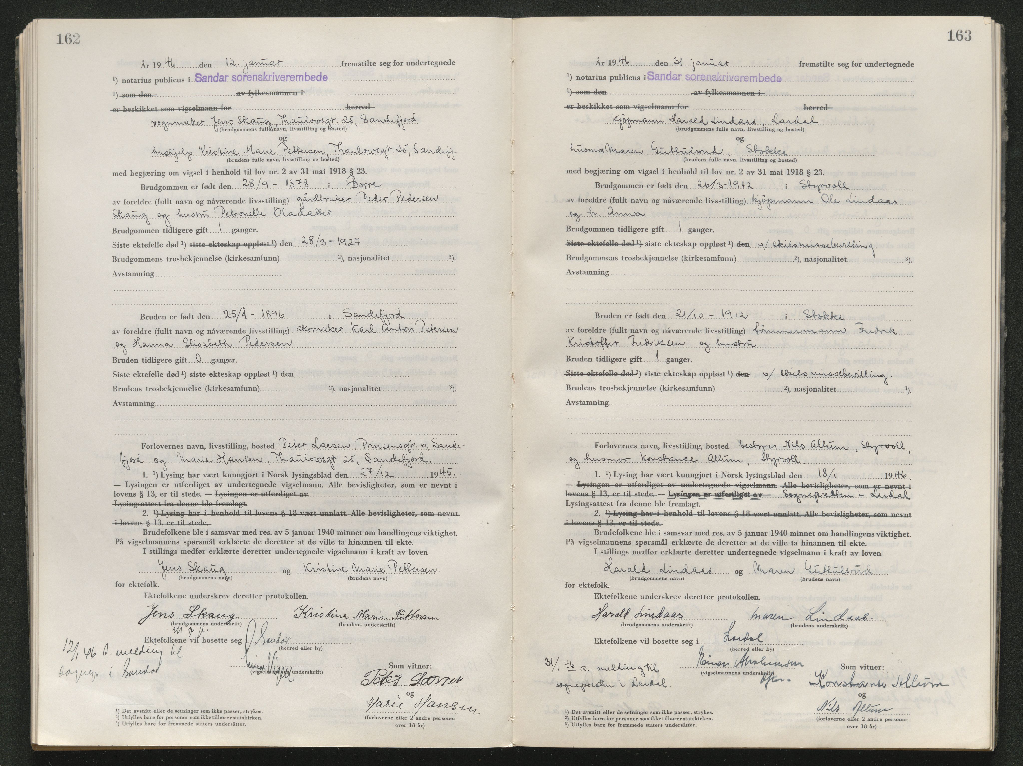 Sandar sorenskriveri, AV/SAKO-A-86/L/Lb/L0004: Vigselselbok, 1944-1947, p. 162-163