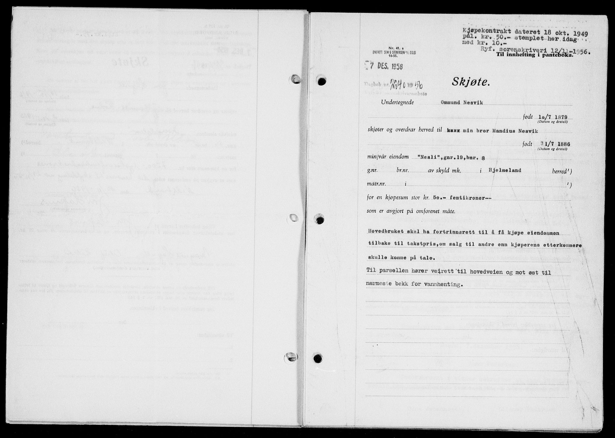 Ryfylke tingrett, AV/SAST-A-100055/001/II/IIB/L0135: Mortgage book no. 114, 1956-1957, Diary no: : 2240/1956