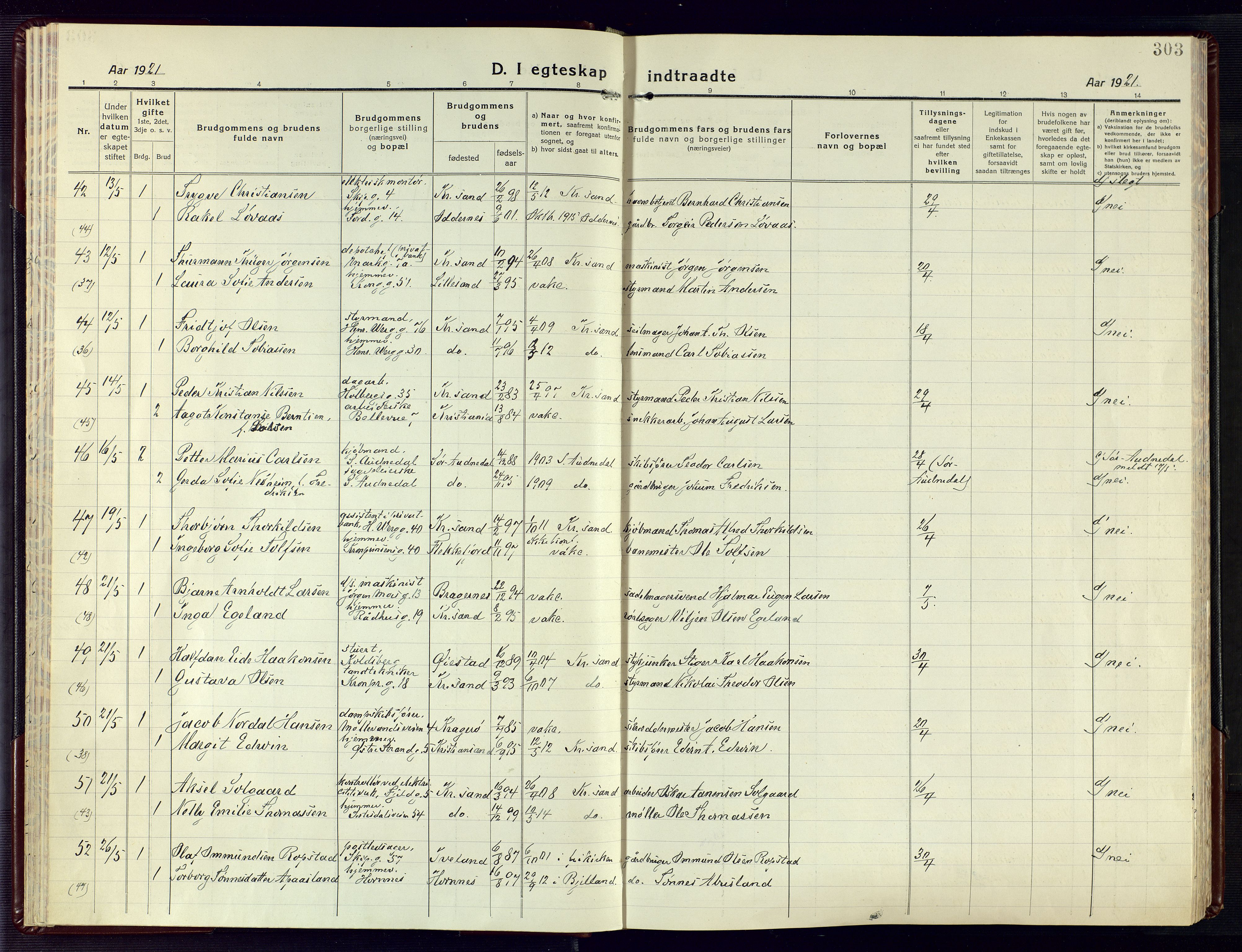 Kristiansand domprosti, AV/SAK-1112-0006/F/Fa/L0028: Parish register (official) no. A 27, 1917-1926, p. 303