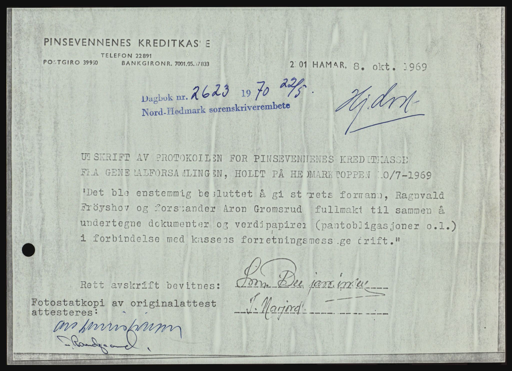 Nord-Hedmark sorenskriveri, SAH/TING-012/H/Hc/L0033: Mortgage book no. 33, 1970-1970, Diary no: : 2623/1970