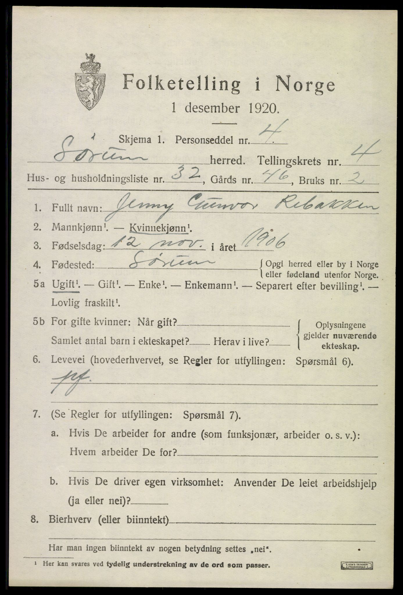 SAO, 1920 census for Sørum, 1920, p. 3789