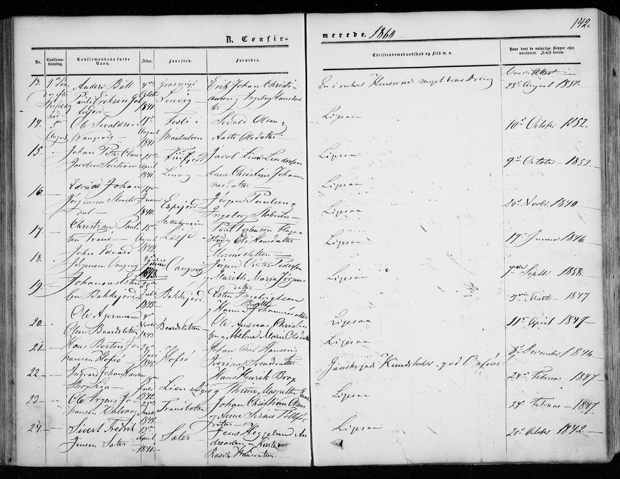 Tranøy sokneprestkontor, SATØ/S-1313/I/Ia/Iaa/L0007kirke: Parish register (official) no. 7, 1856-1866, p. 142