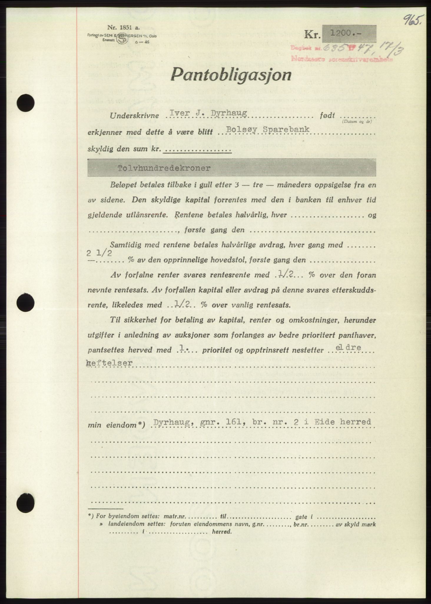 Nordmøre sorenskriveri, AV/SAT-A-4132/1/2/2Ca: Mortgage book no. B95, 1946-1947, Diary no: : 635/1947