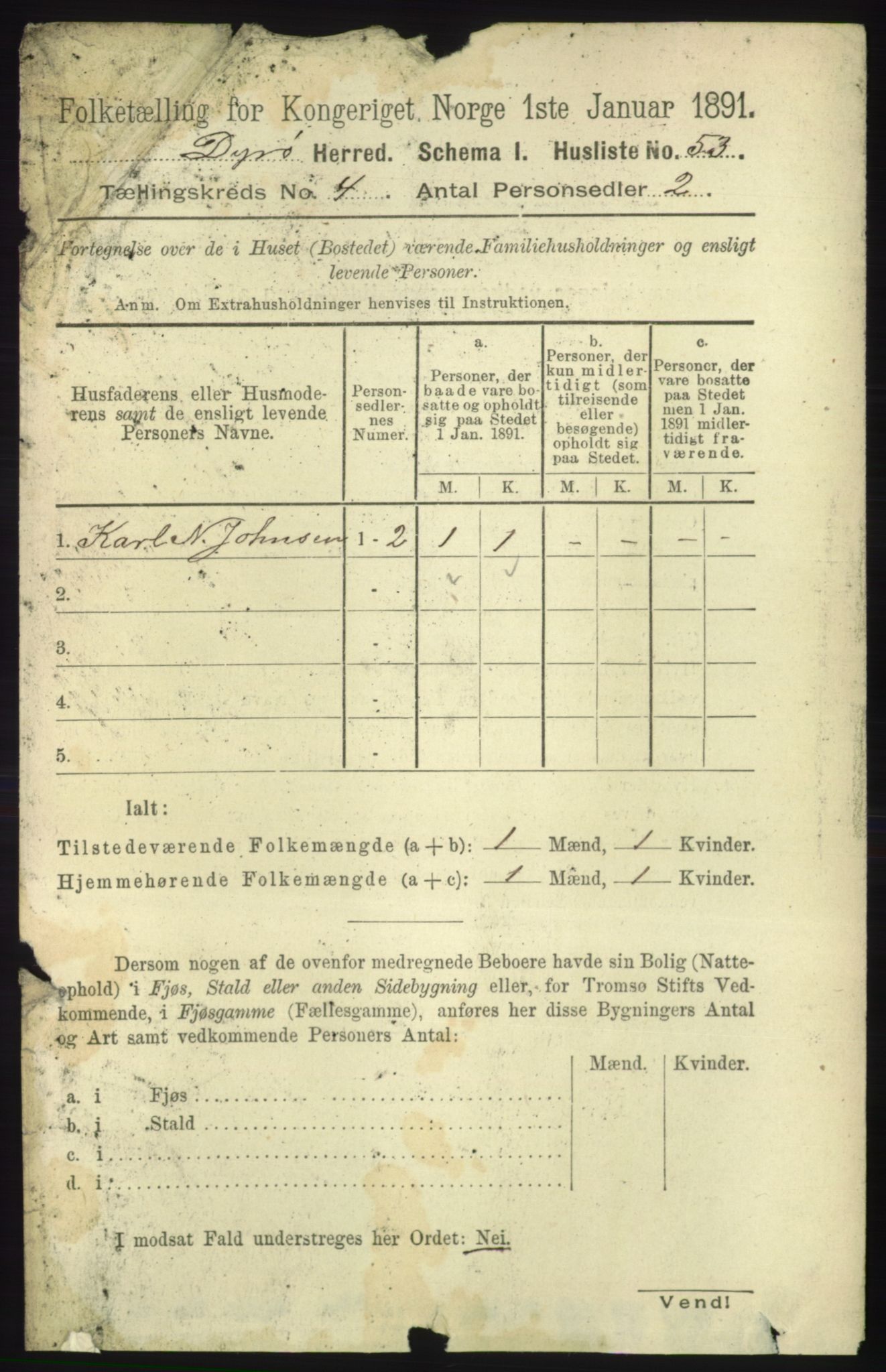 RA, 1891 census for 1926 Dyrøy, 1891, p. 1503