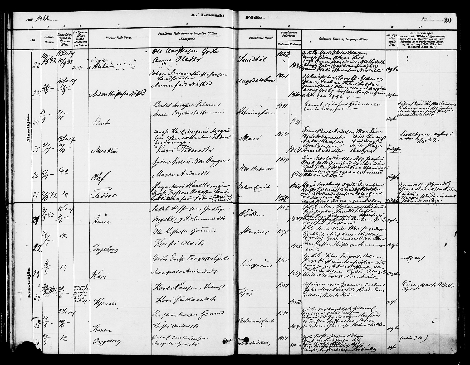 Gran prestekontor, SAH/PREST-112/H/Ha/Haa/L0015: Parish register (official) no. 15, 1880-1888, p. 20