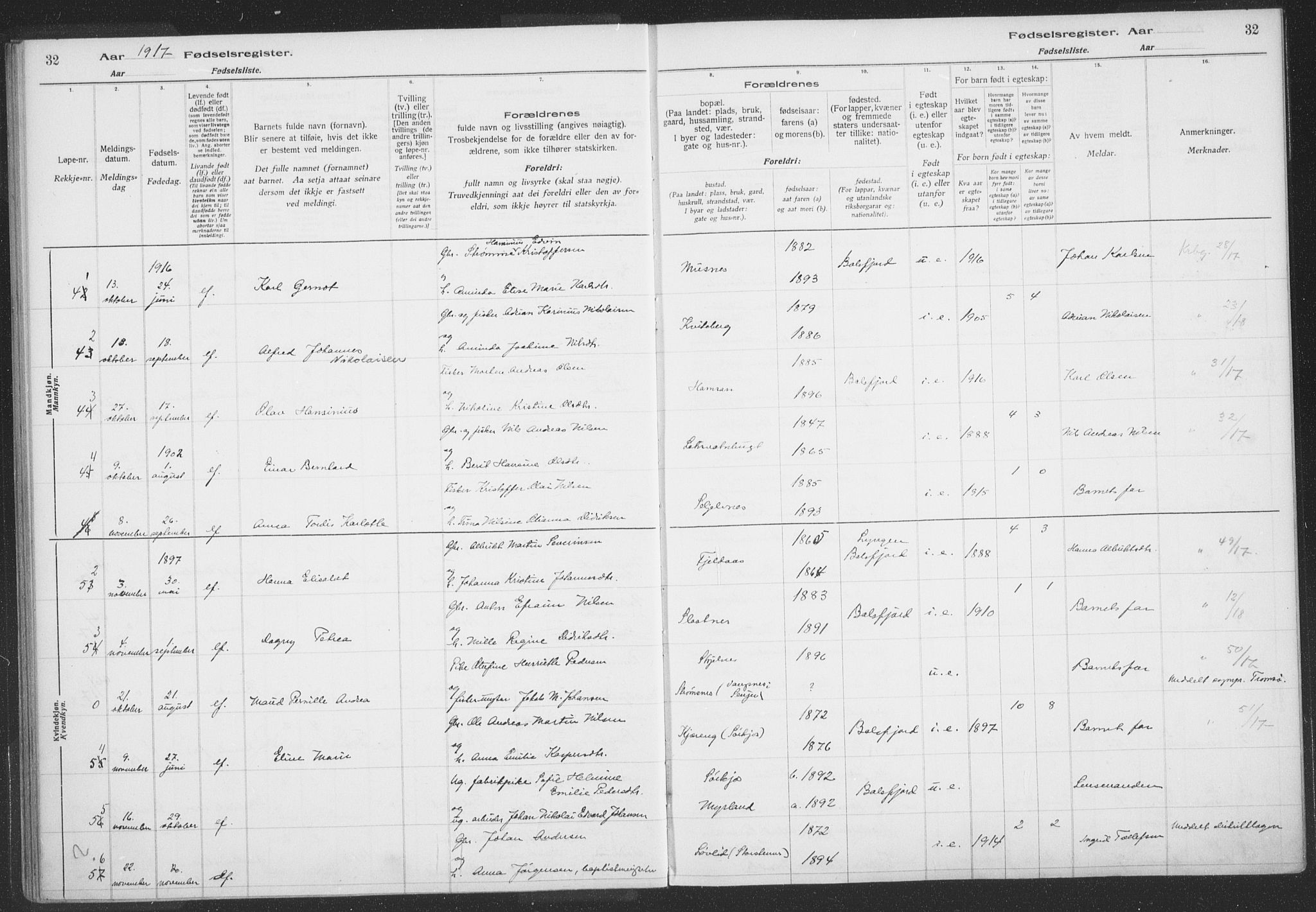 Balsfjord sokneprestembete, AV/SATØ-S-1303/H/Hb/L0059: Birth register no. 59, 1916-1930, p. 32