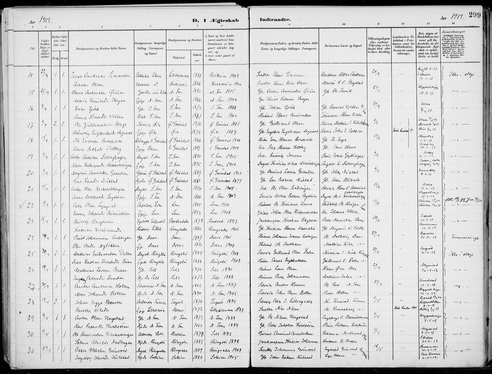 Lillehammer prestekontor, AV/SAH-PREST-088/H/Ha/Haa/L0001: Parish register (official) no. 1, 1901-1916, p. 299