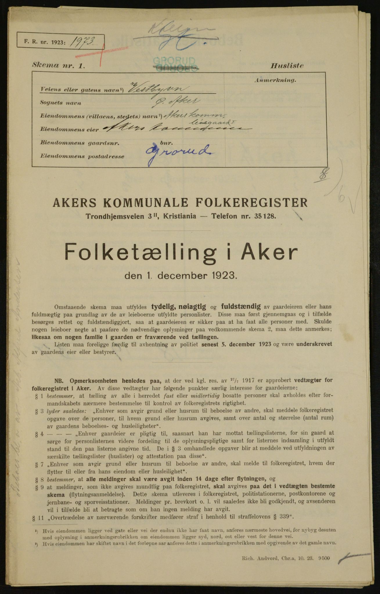 , Municipal Census 1923 for Aker, 1923, p. 35045