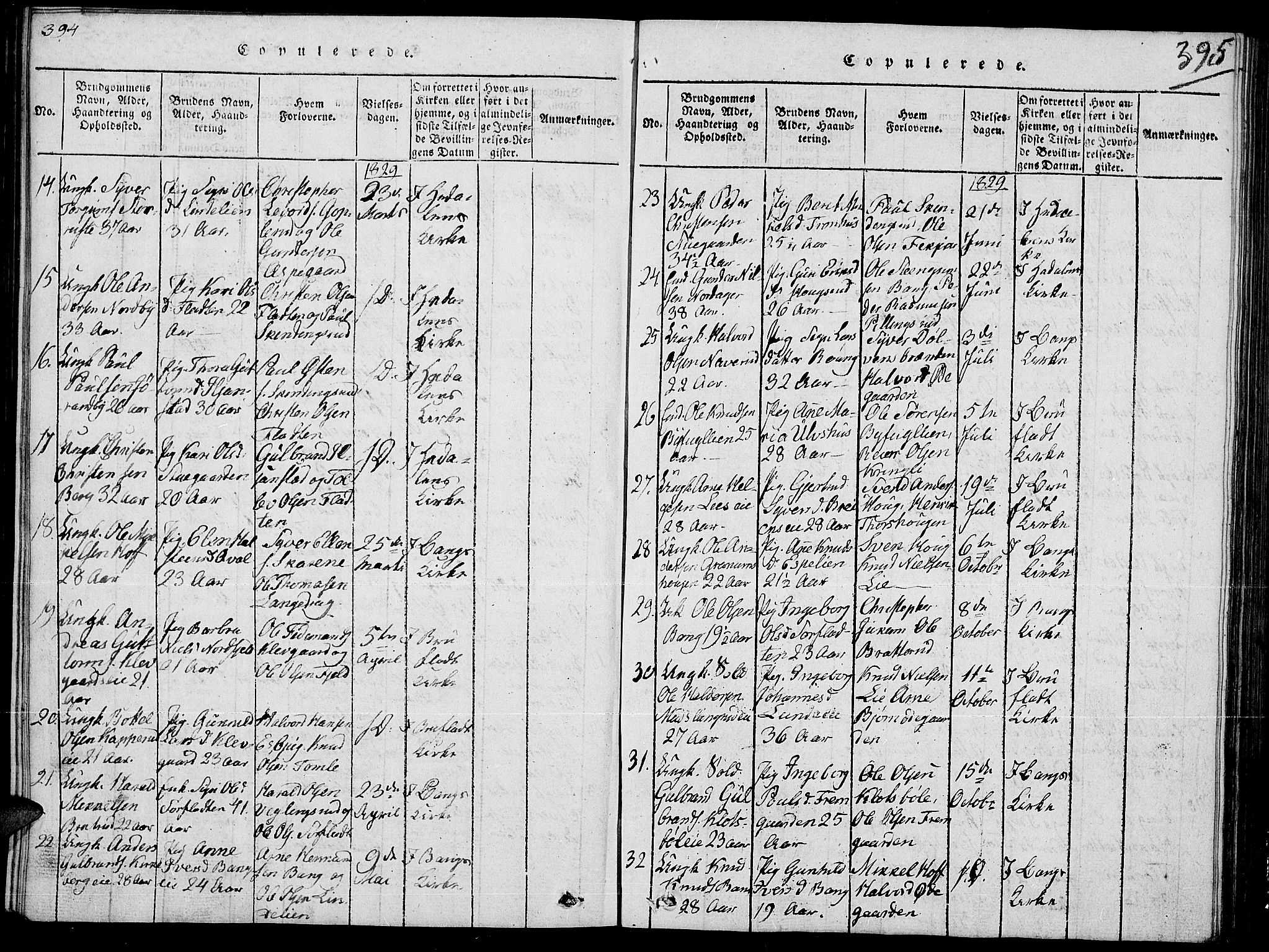 Sør-Aurdal prestekontor, SAH/PREST-128/H/Ha/Hab/L0002: Parish register (copy) no. 2, 1826-1840, p. 394-395