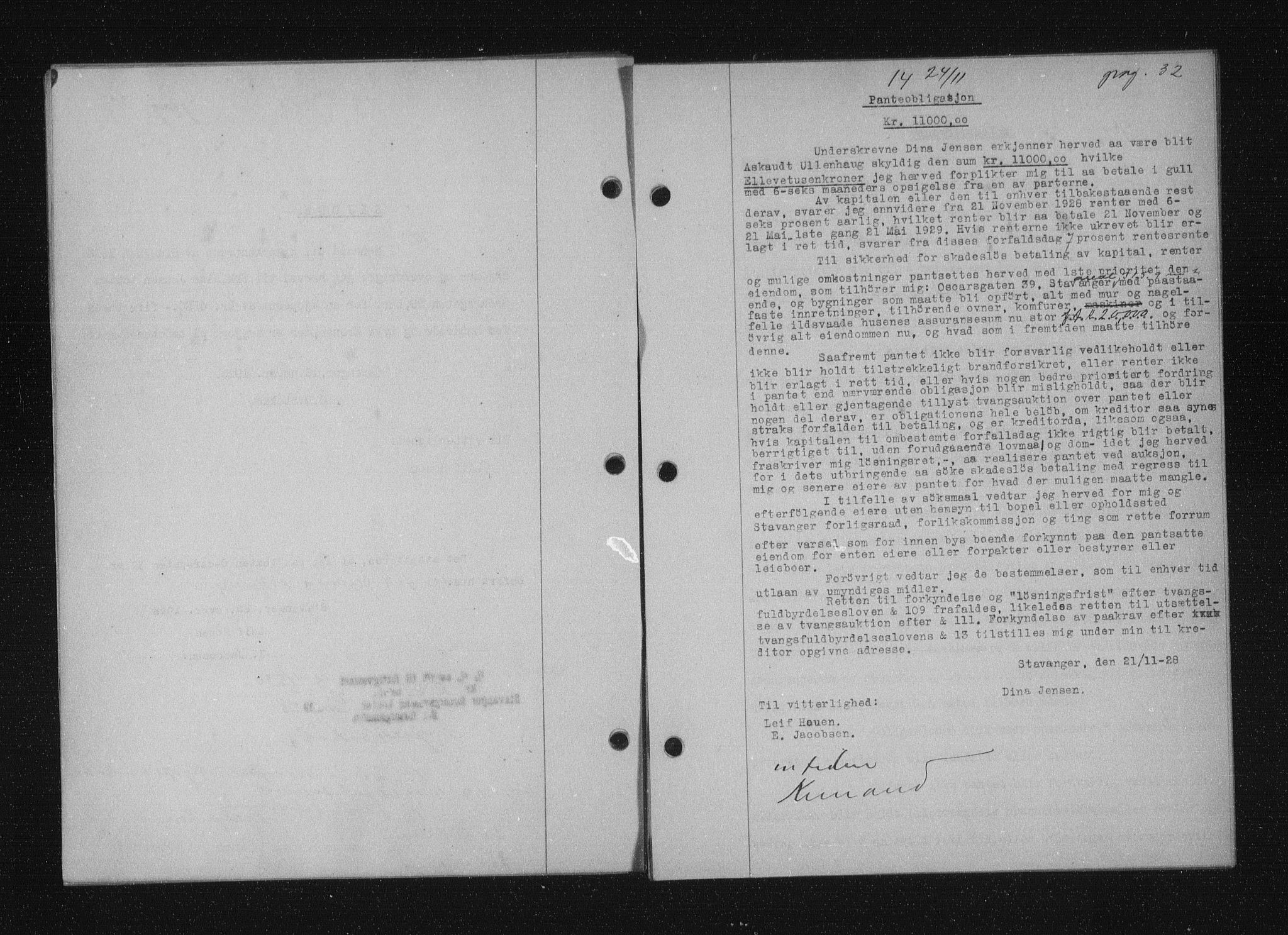 Stavanger byfogd, SAST/A-101408/001/4/41/410/410BB/L0055: Mortgage book no. 43, 1928-1929, Deed date: 24.11.1928