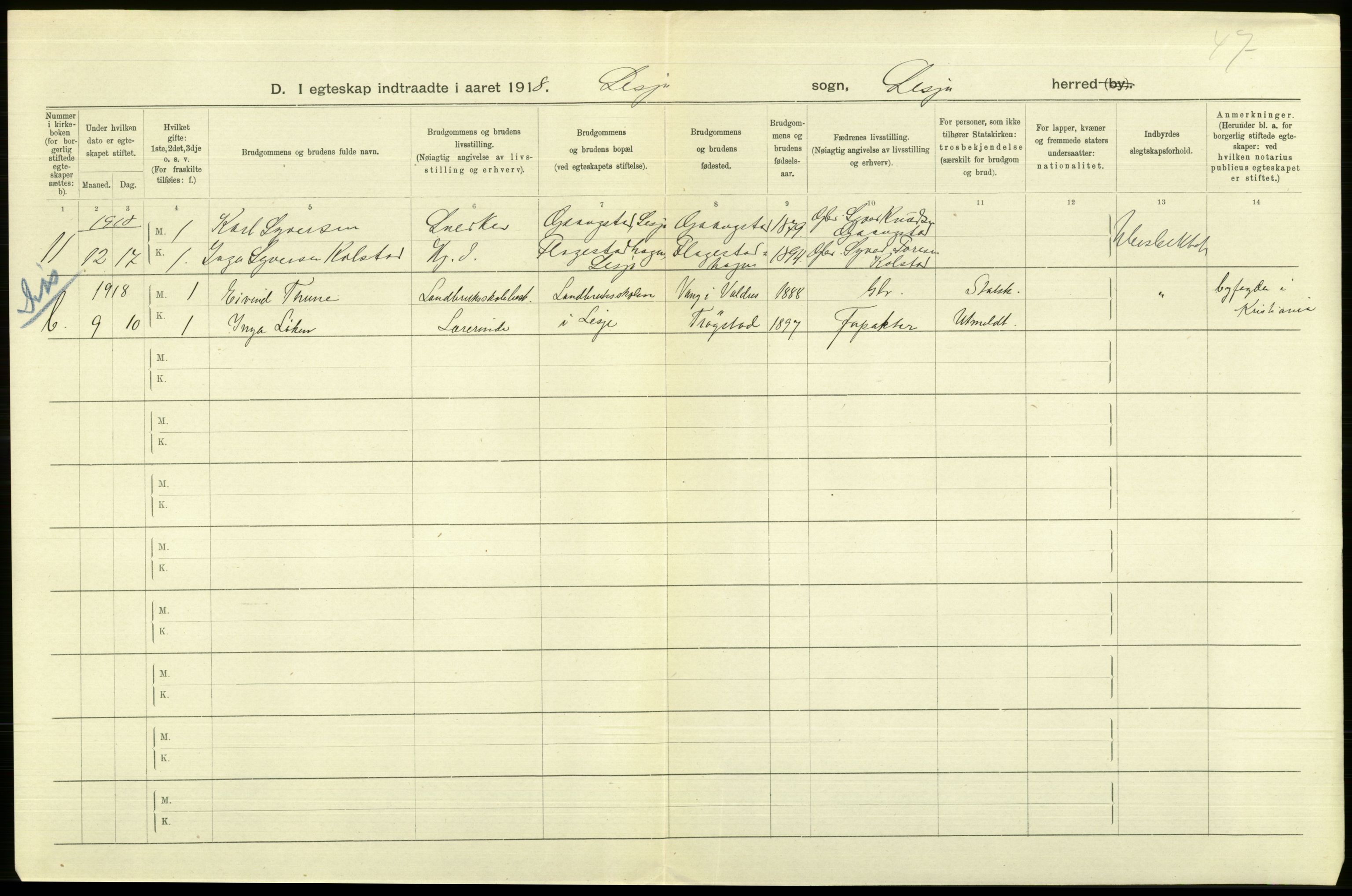 Statistisk sentralbyrå, Sosiodemografiske emner, Befolkning, RA/S-2228/D/Df/Dfb/Dfbh/L0016: Oppland fylke: Gifte, dødfødte. Bygder og byer., 1918, p. 7