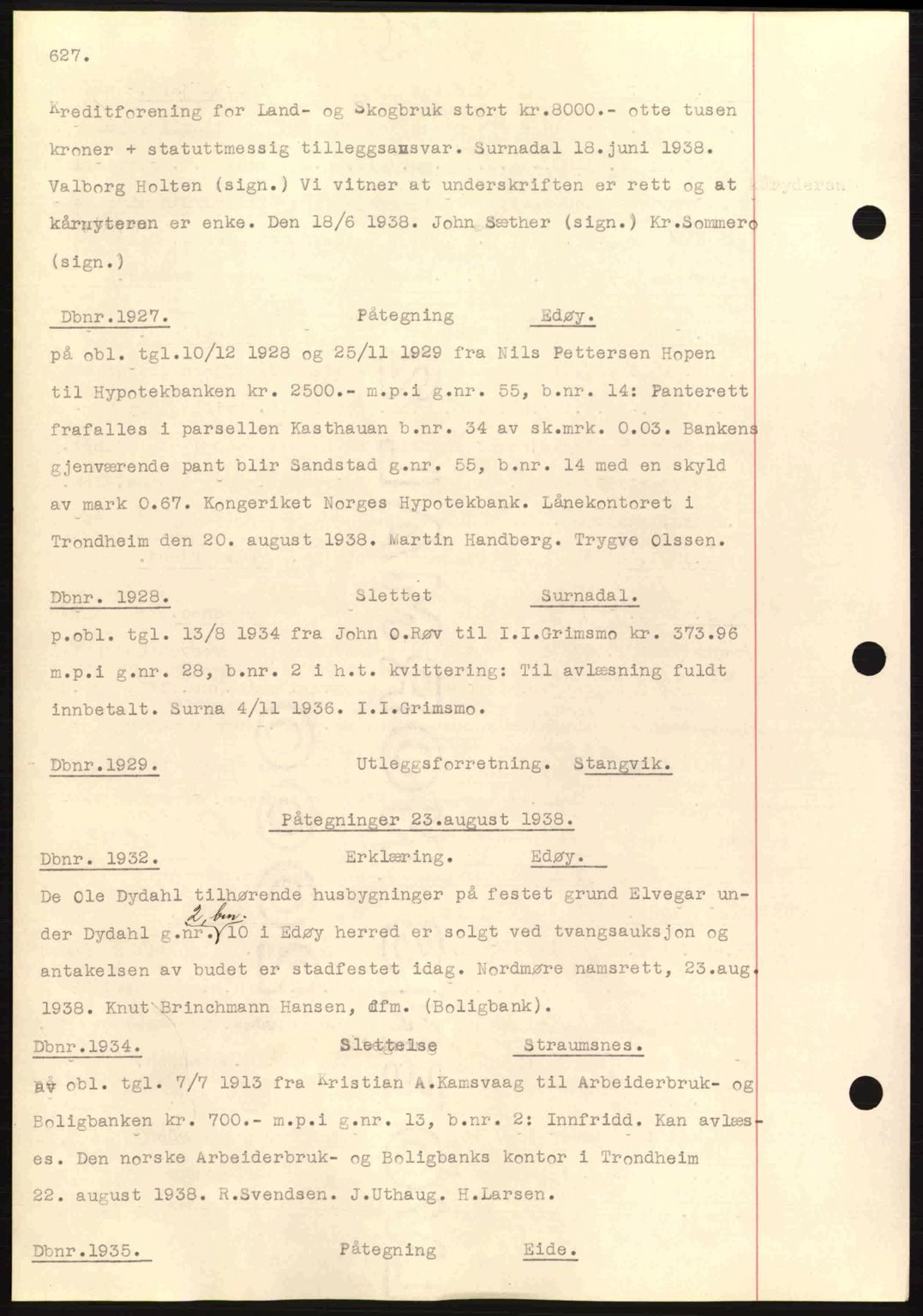 Nordmøre sorenskriveri, AV/SAT-A-4132/1/2/2Ca: Mortgage book no. C80, 1936-1939, Diary no: : 1927/1938