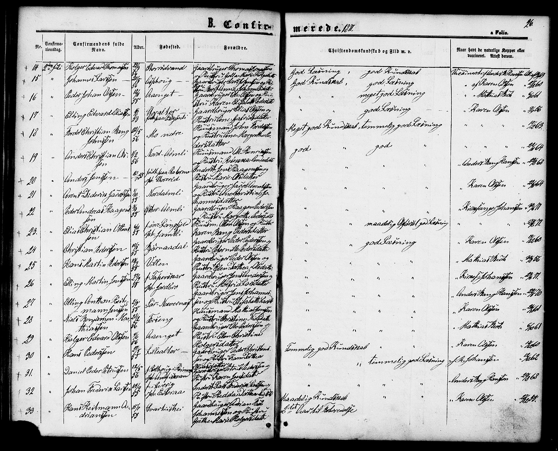 Ministerialprotokoller, klokkerbøker og fødselsregistre - Nordland, AV/SAT-A-1459/827/L0394: Parish register (official) no. 827A06, 1865-1886, p. 26