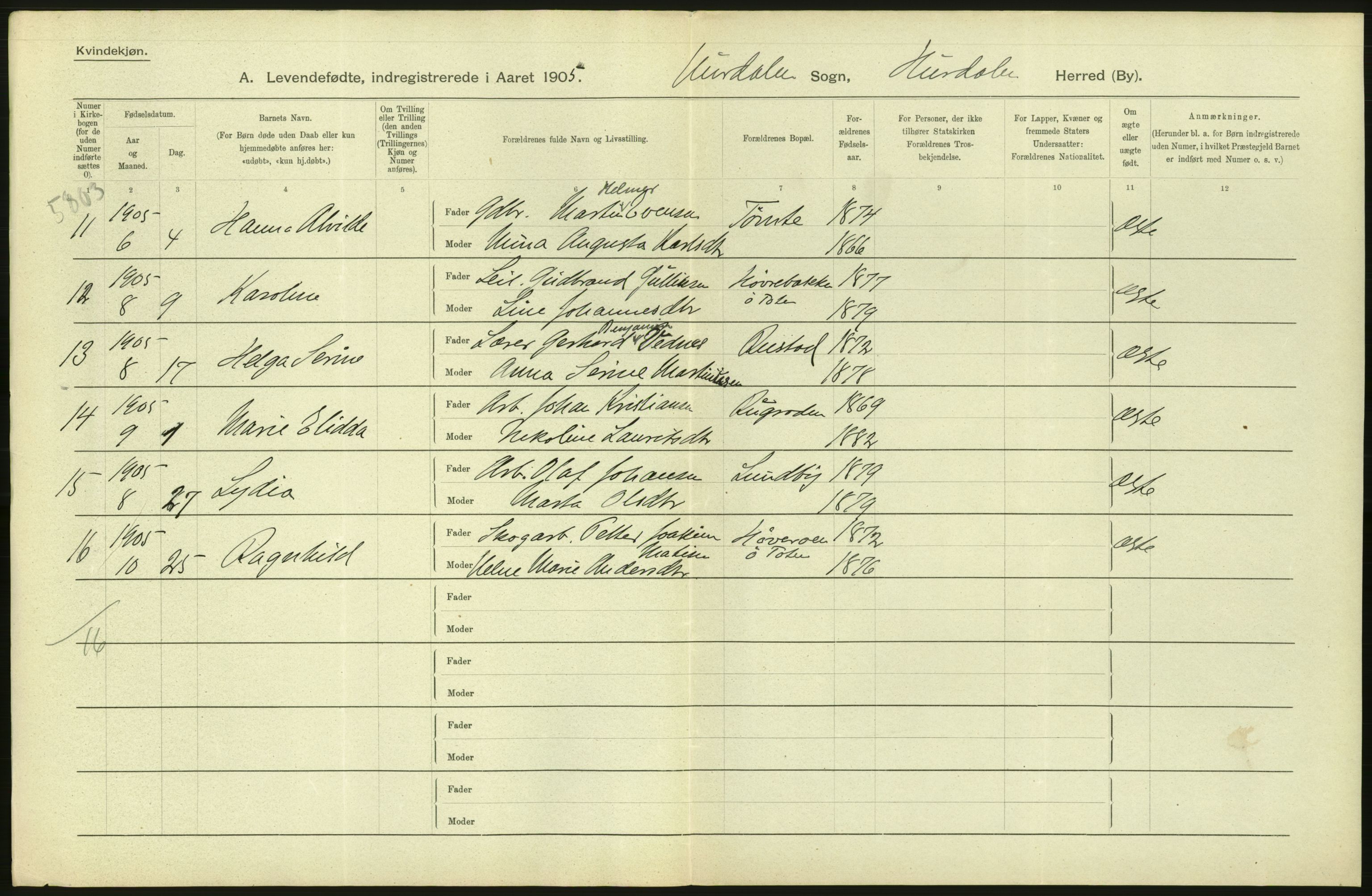 Statistisk sentralbyrå, Sosiodemografiske emner, Befolkning, RA/S-2228/D/Df/Dfa/Dfac/L0004: Akershus amt: Fødte. Bygder., 1905, p. 46