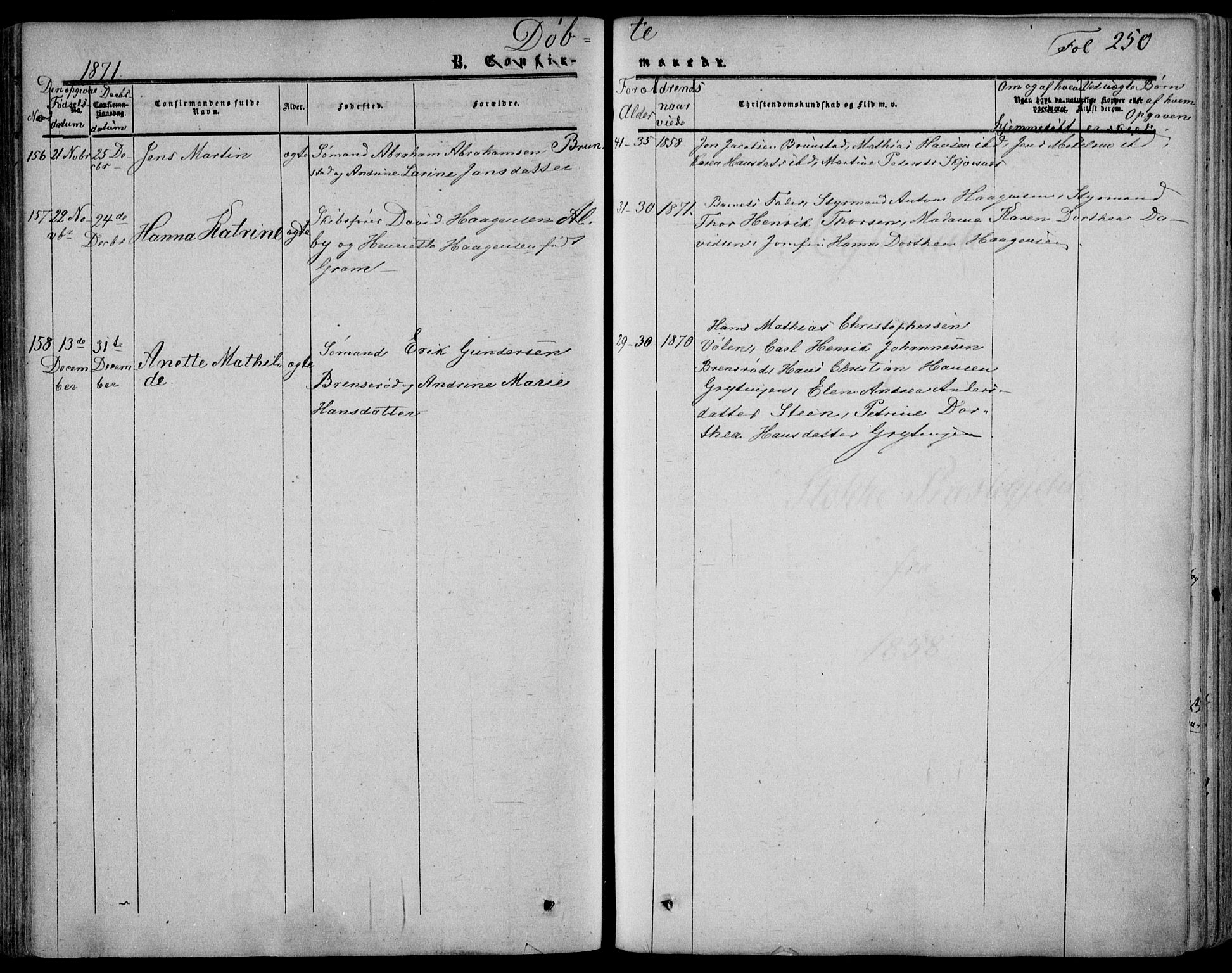 Stokke kirkebøker, AV/SAKO-A-320/F/Fa/L0008: Parish register (official) no. I 8, 1858-1871, p. 250