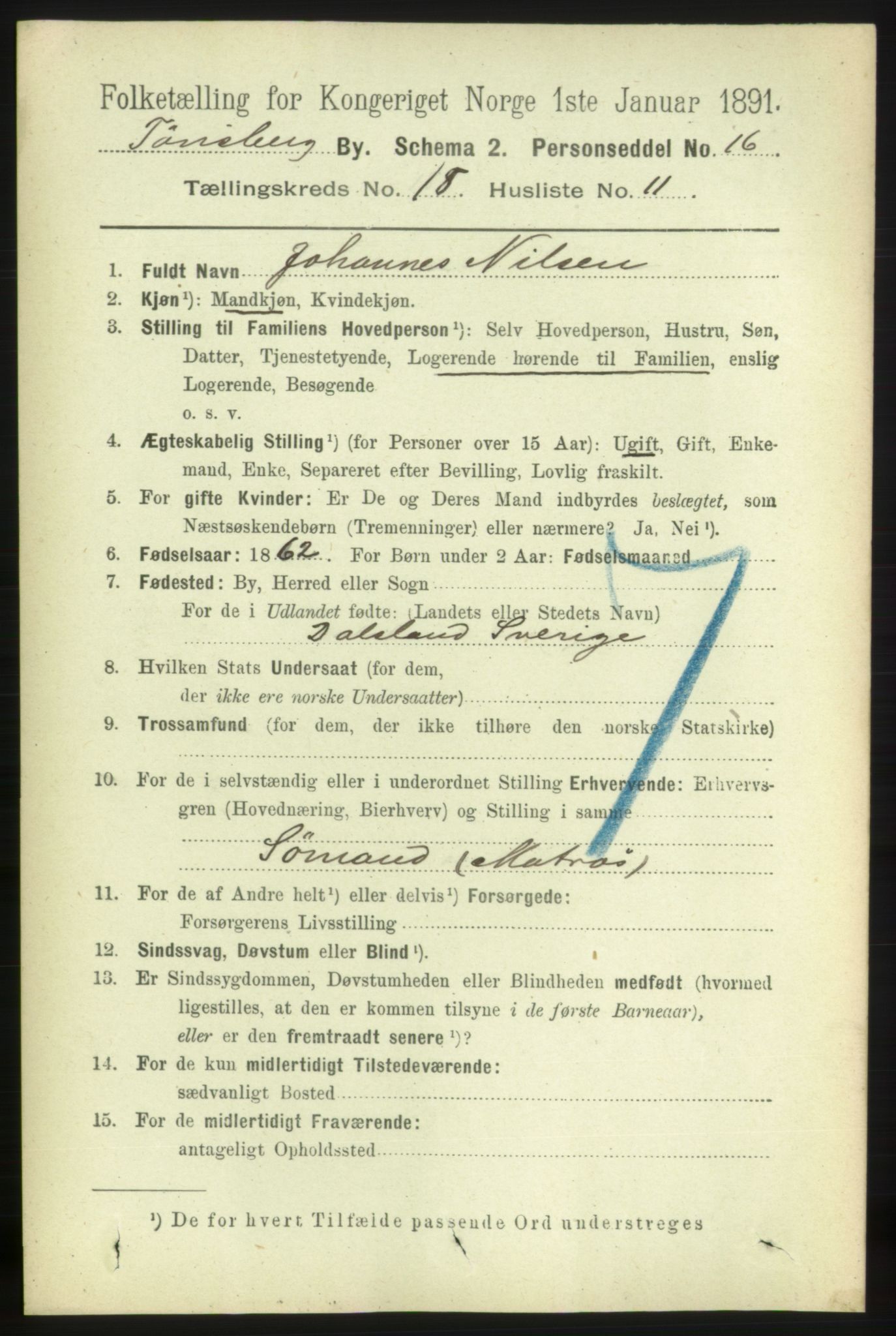 RA, 1891 census for 0705 Tønsberg, 1891, p. 5206