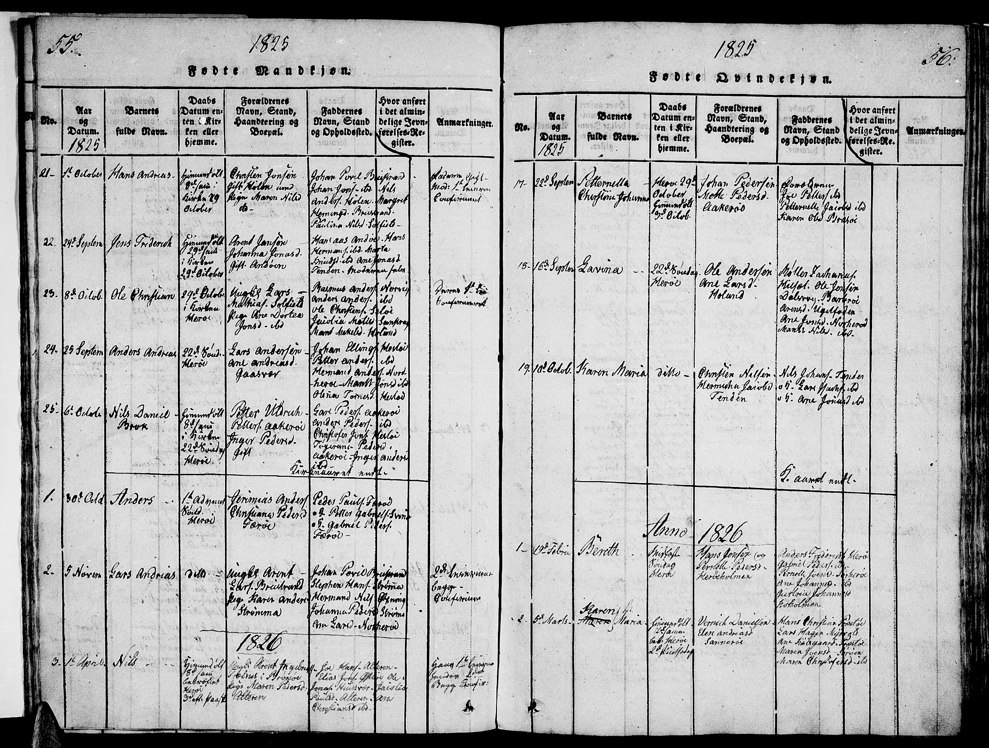 Ministerialprotokoller, klokkerbøker og fødselsregistre - Nordland, AV/SAT-A-1459/834/L0510: Parish register (copy) no. 834C01, 1820-1847, p. 55-56