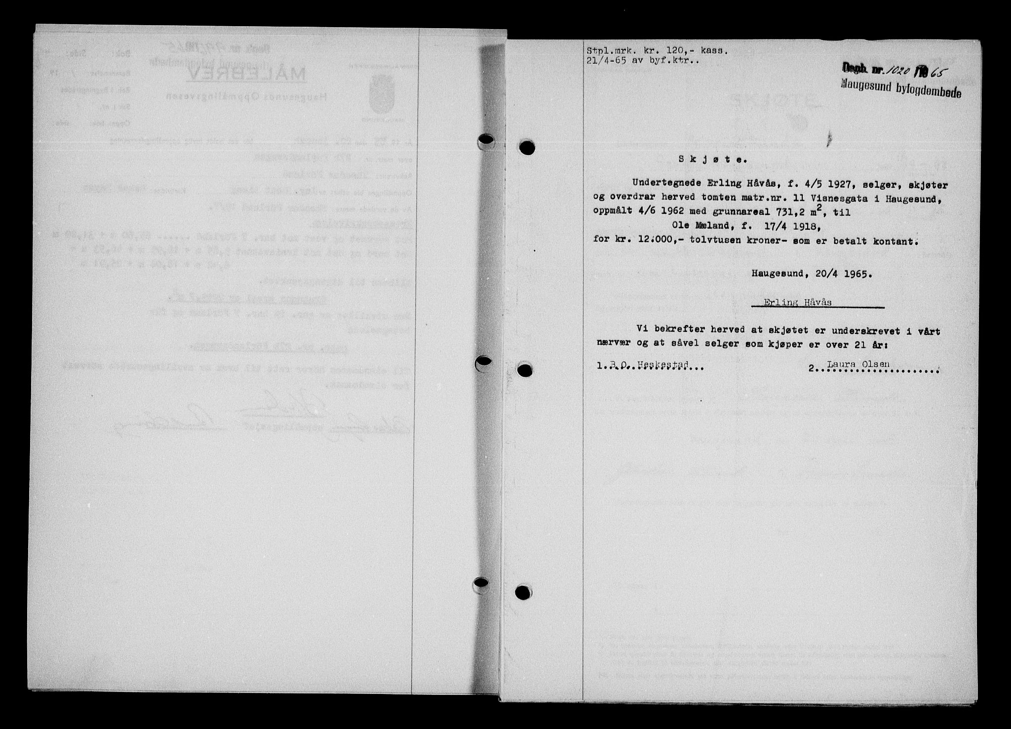 Haugesund tingrett, AV/SAST-A-101415/01/II/IIC/L0076: Mortgage book no. A 17, 1965-1966, Diary no: : 1020/1965