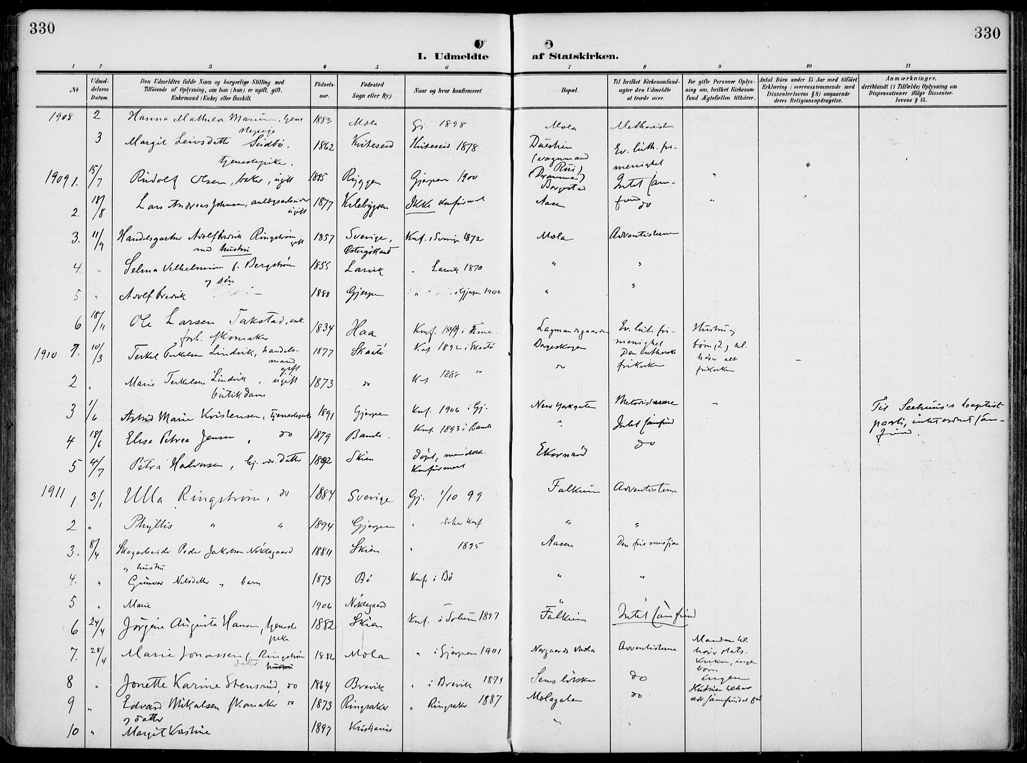 Gjerpen kirkebøker, SAKO/A-265/F/Fa/L0012: Parish register (official) no. I 12, 1905-1913, p. 330