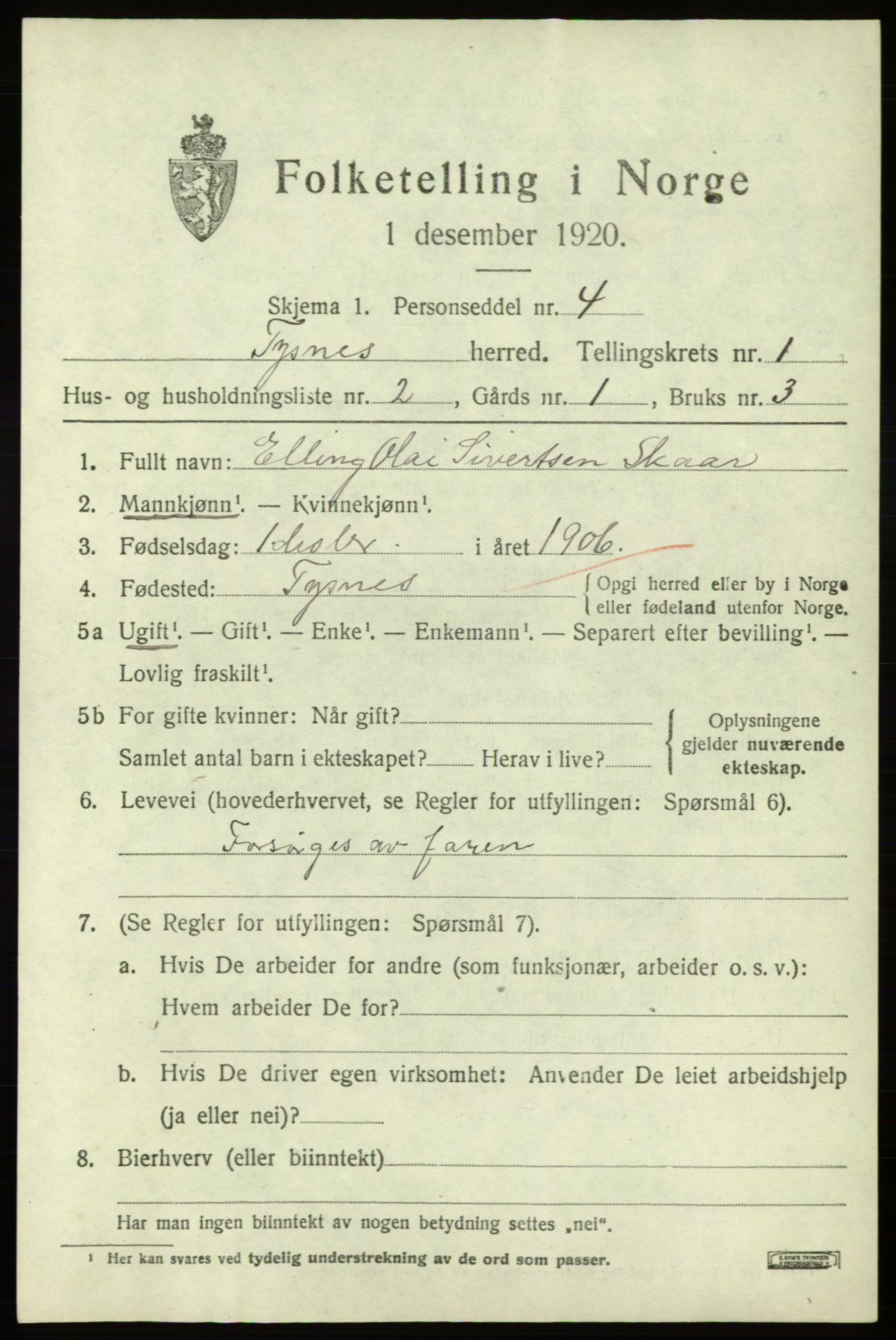 SAB, 1920 census for Tysnes, 1920, p. 1674