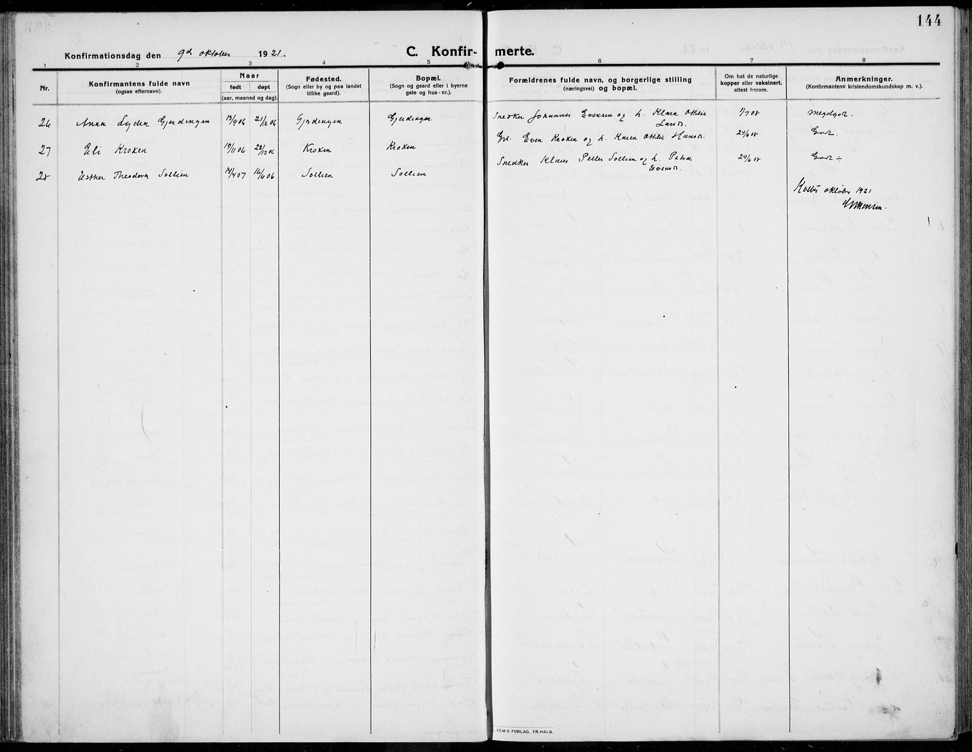 Kolbu prestekontor, SAH/PREST-110/H/Ha/Haa/L0002: Parish register (official) no. 2, 1912-1926, p. 144