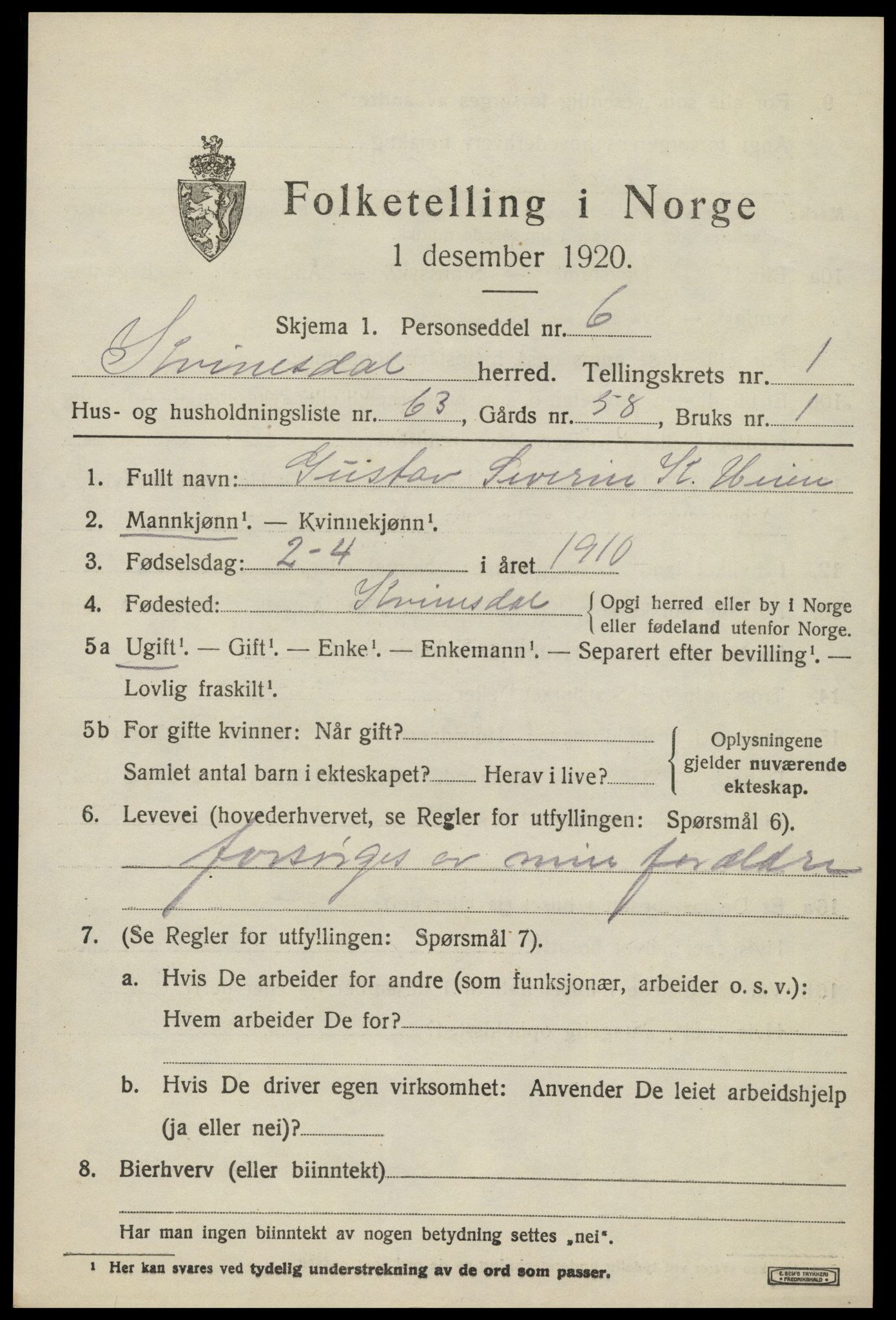 SAK, 1920 census for Kvinesdal, 1920, p. 1839