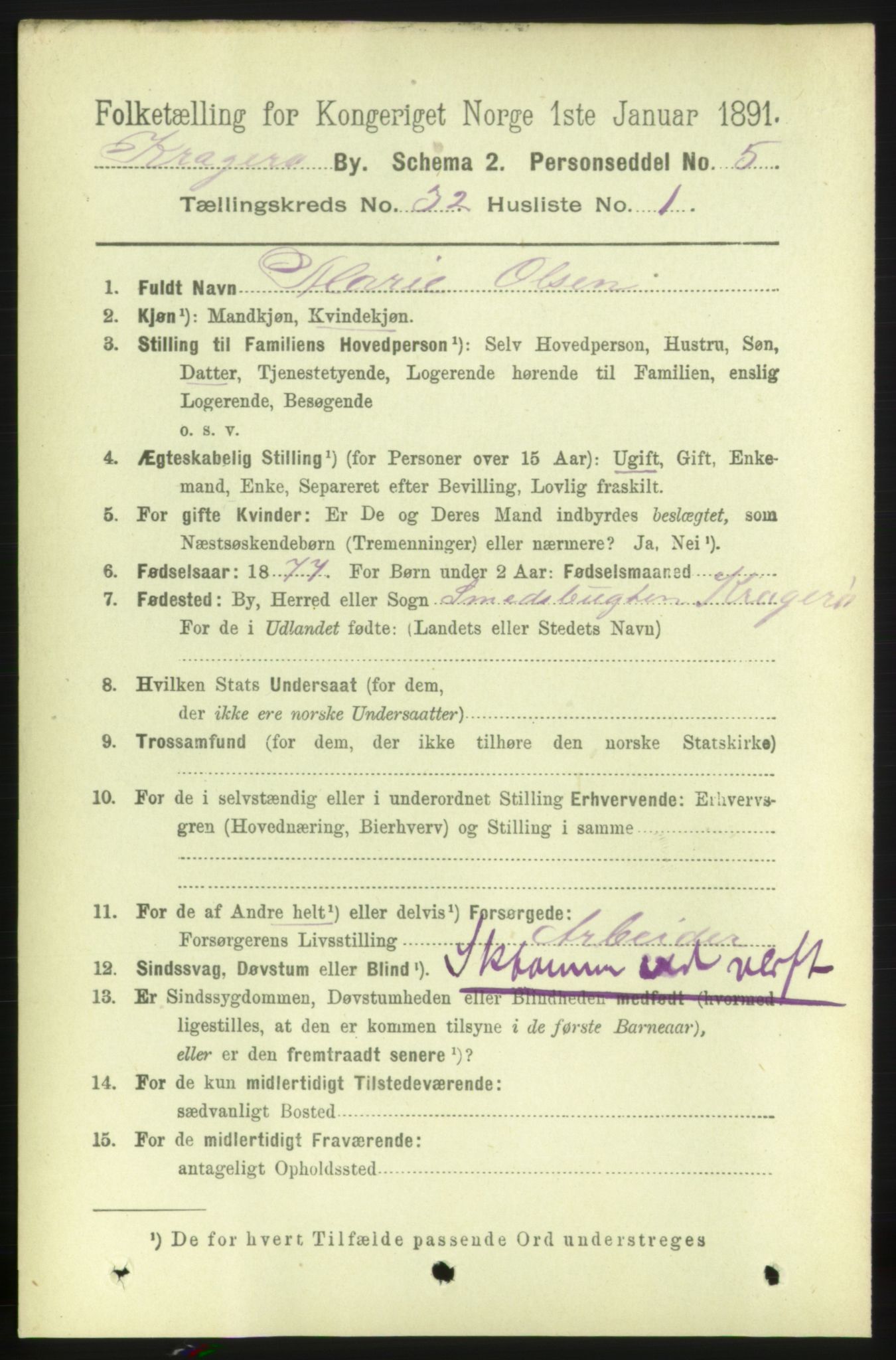 RA, 1891 census for 0801 Kragerø, 1891, p. 5791