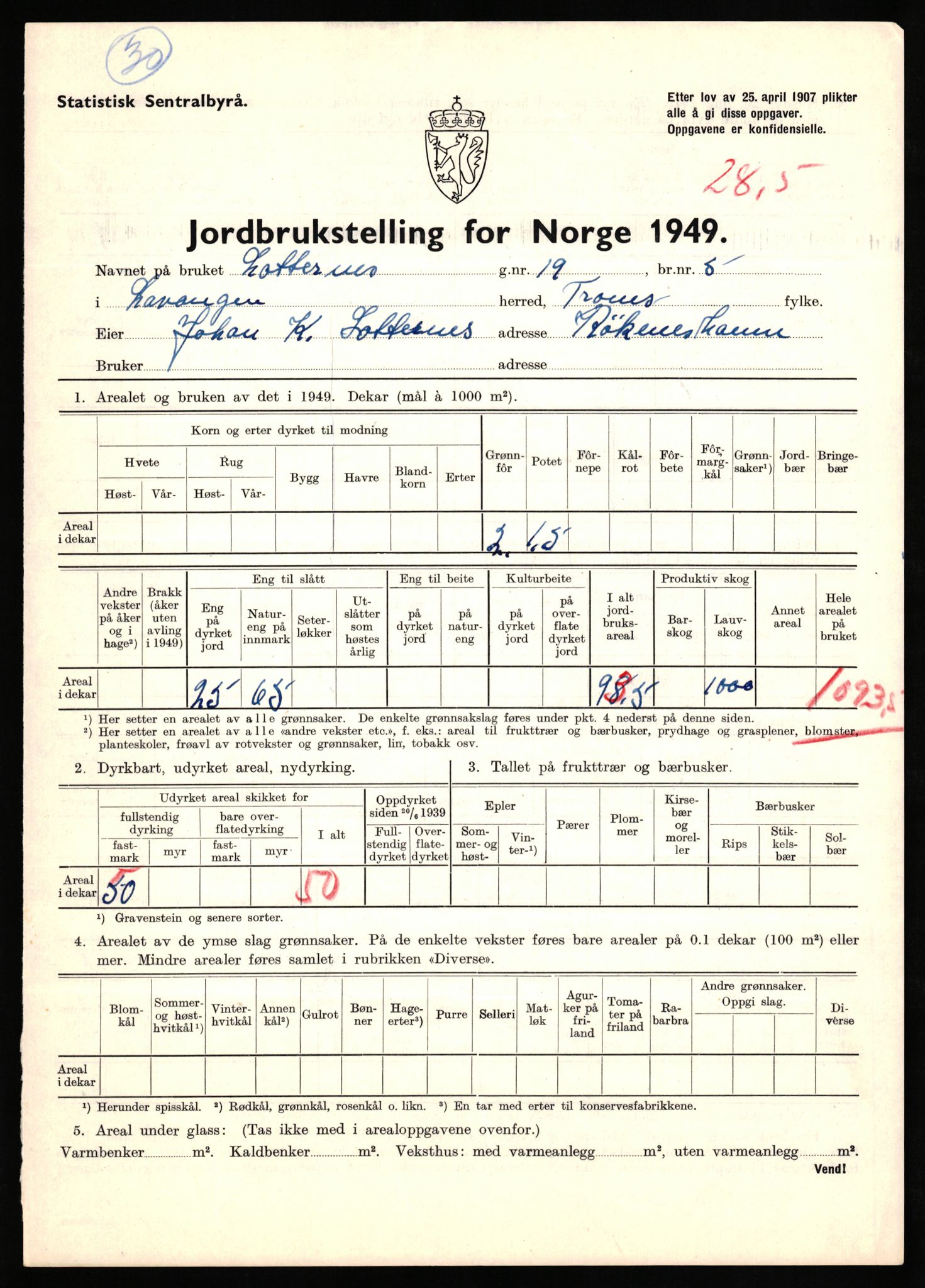 Statistisk sentralbyrå, Næringsøkonomiske emner, Jordbruk, skogbruk, jakt, fiske og fangst, AV/RA-S-2234/G/Gc/L0437: Troms: Gratangen og Lavangen, 1949, p. 588