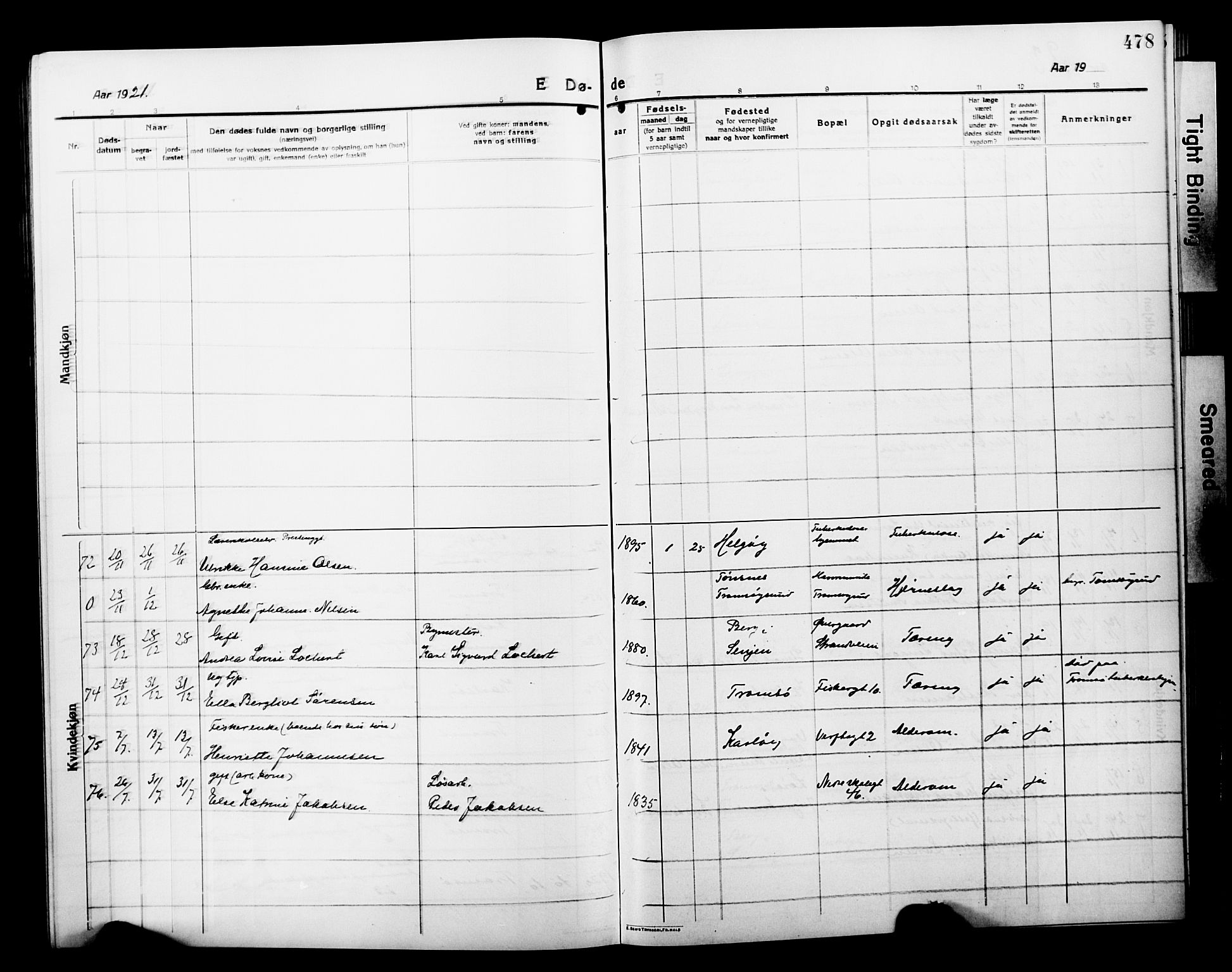Tromsø sokneprestkontor/stiftsprosti/domprosti, SATØ/S-1343/G/Gb/L0009klokker: Parish register (copy) no. 9, 1915-1925, p. 478