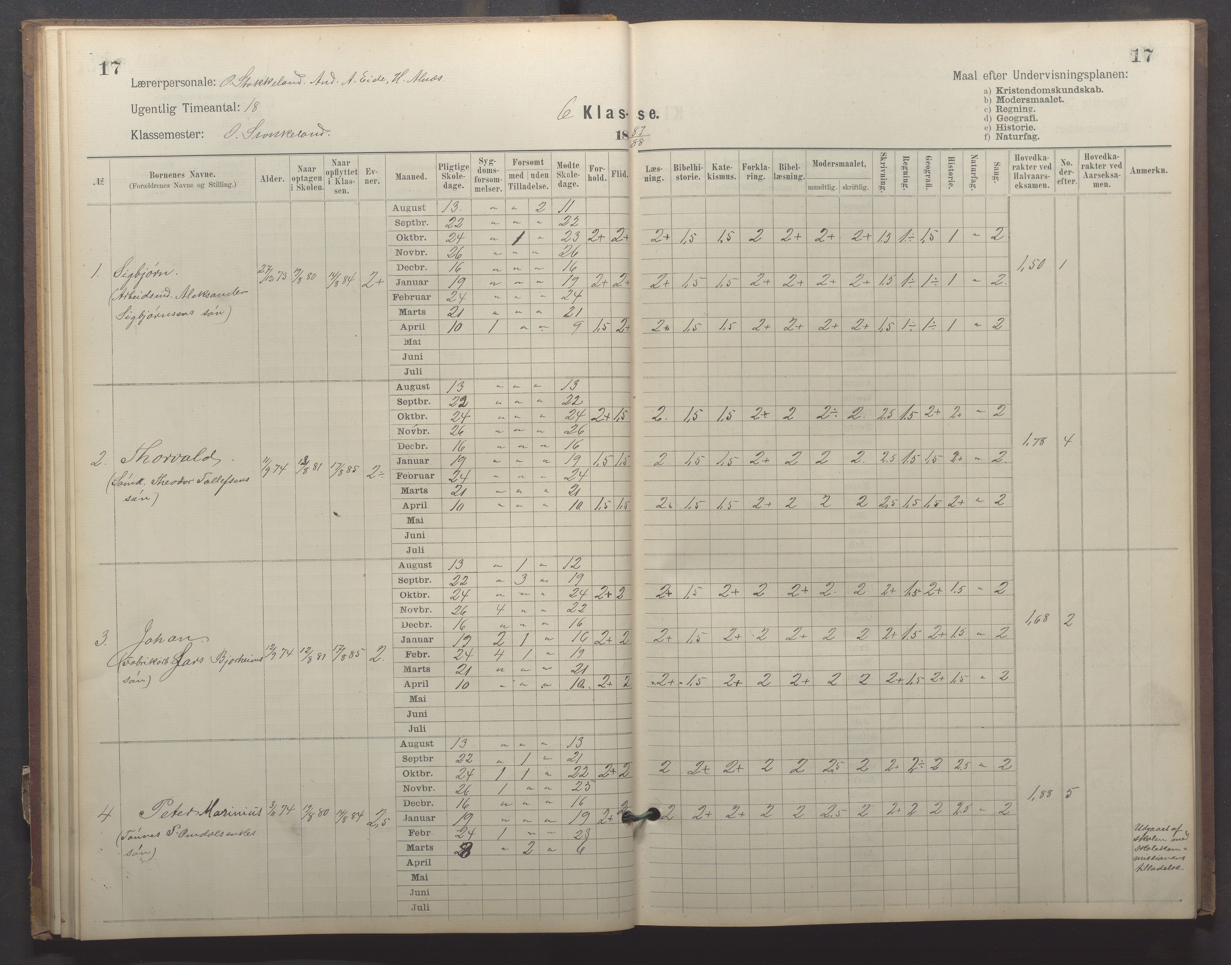 Egersund kommune (Ladested) - Egersund almueskole/folkeskole, IKAR/K-100521/H/L0023: Skoleprotokoll - Almueskolen, 6. klasse, 1886-1892, p. 17