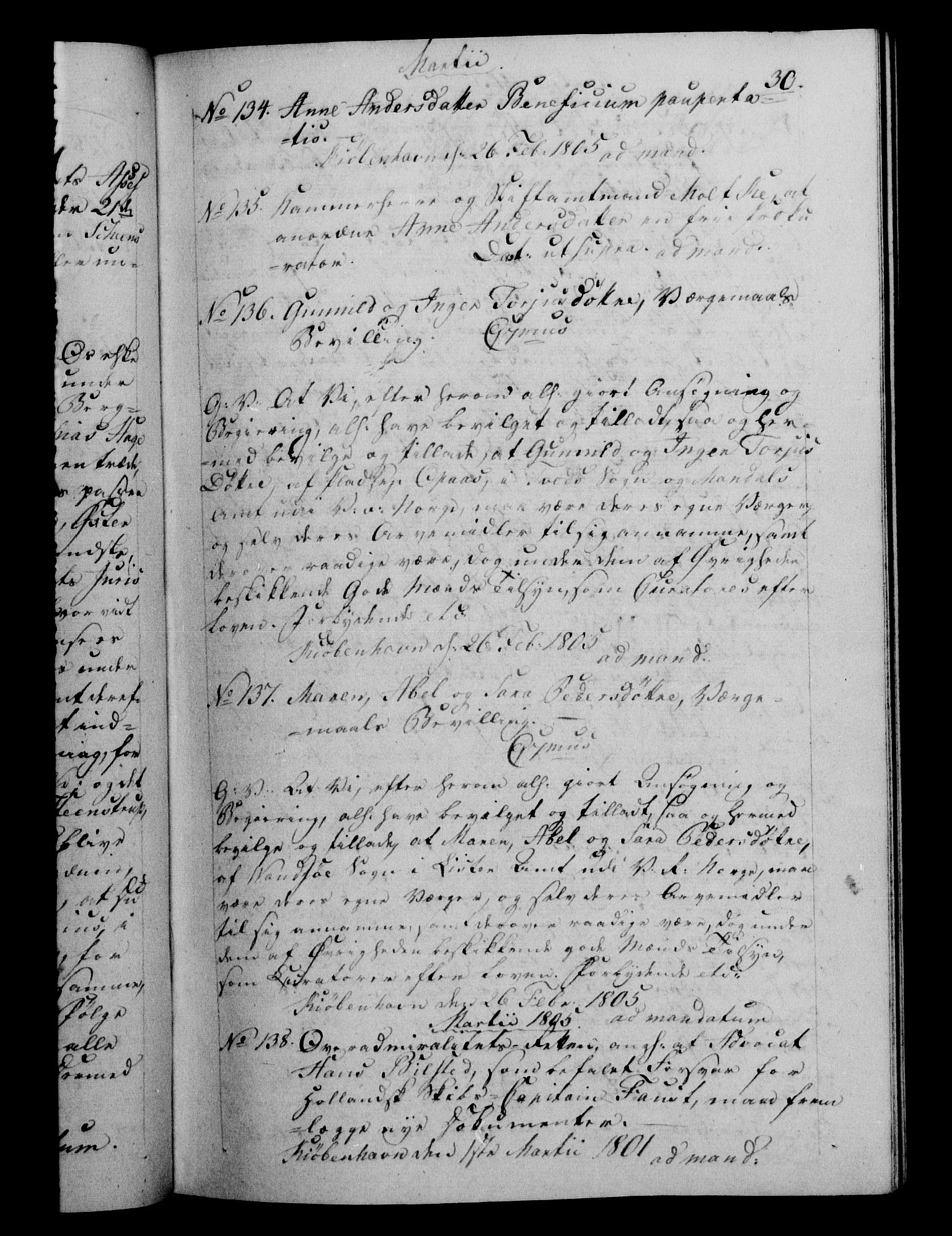 Danske Kanselli 1800-1814, RA/EA-3024/H/Hf/Hfb/Hfba/L0003: Registranter, 1805-1807, p. 30a