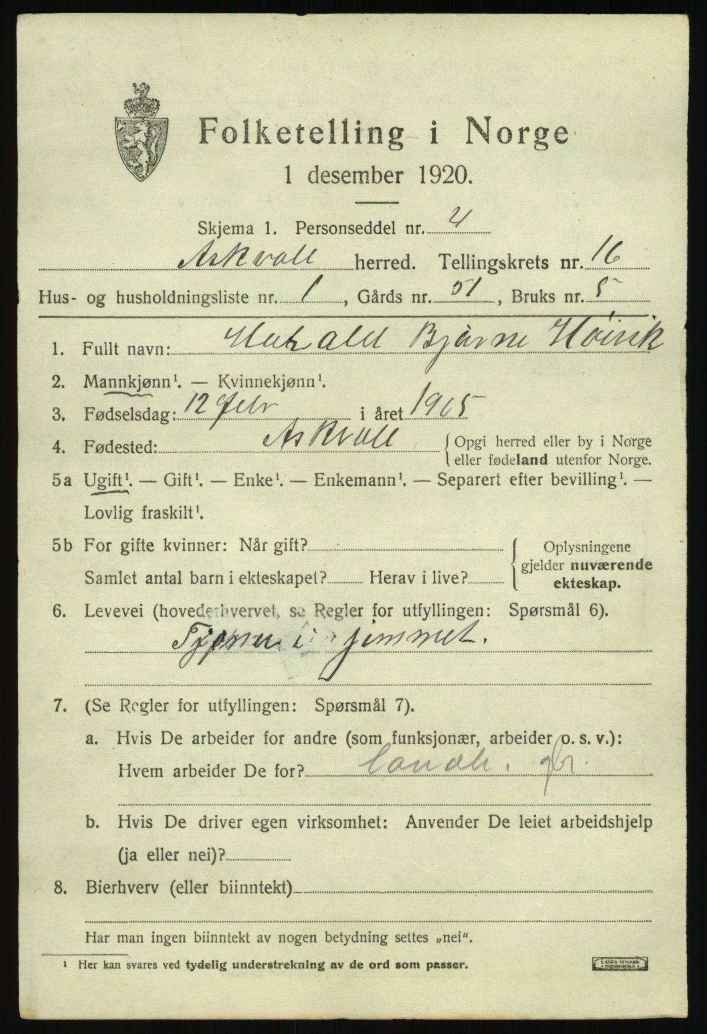 SAB, 1920 census for Askvoll, 1920, p. 5954