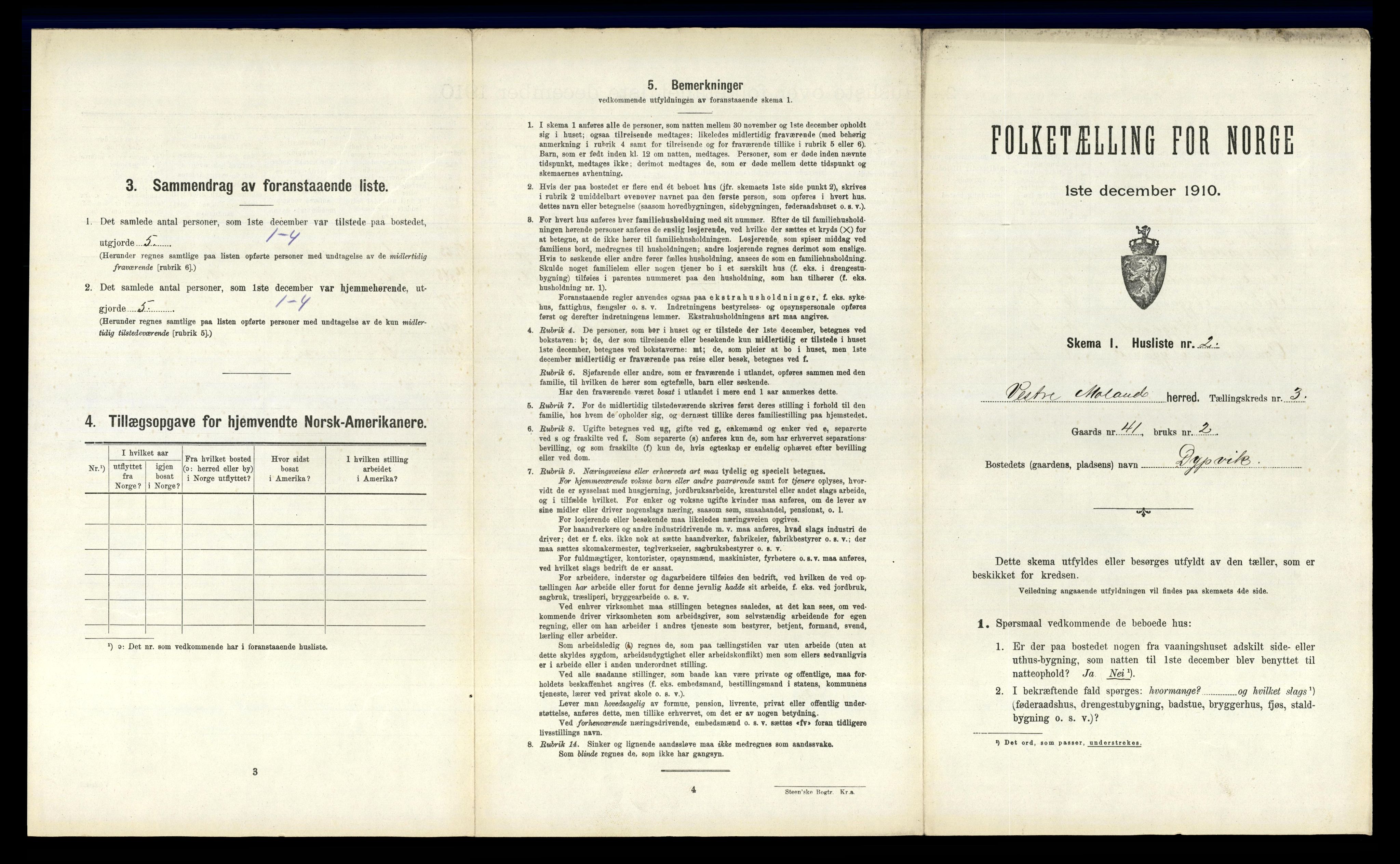 RA, 1910 census for Vestre Moland, 1910, p. 508