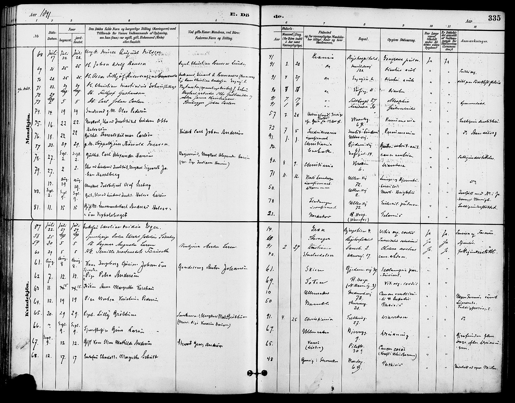Gamle Aker prestekontor Kirkebøker, SAO/A-10617a/F/L0008: Parish register (official) no. 8, 1887-1896, p. 335