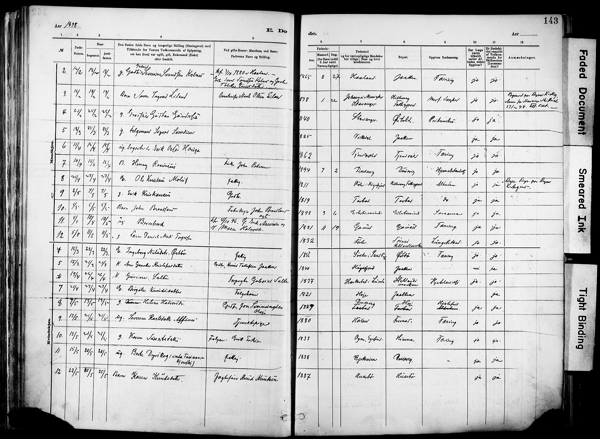 Hetland sokneprestkontor, SAST/A-101826/30/30BA/L0012: Parish register (official) no. A 12, 1882-1912, p. 143