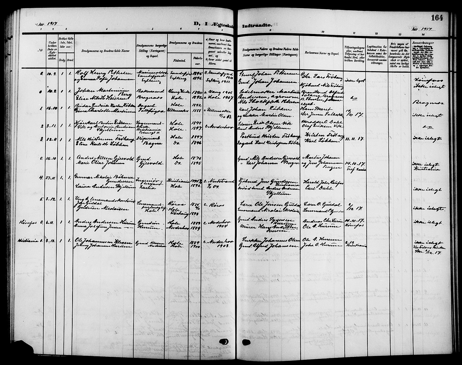 Hole kirkebøker, SAKO/A-228/G/Ga/L0004: Parish register (copy) no. I 4, 1905-1924, p. 164