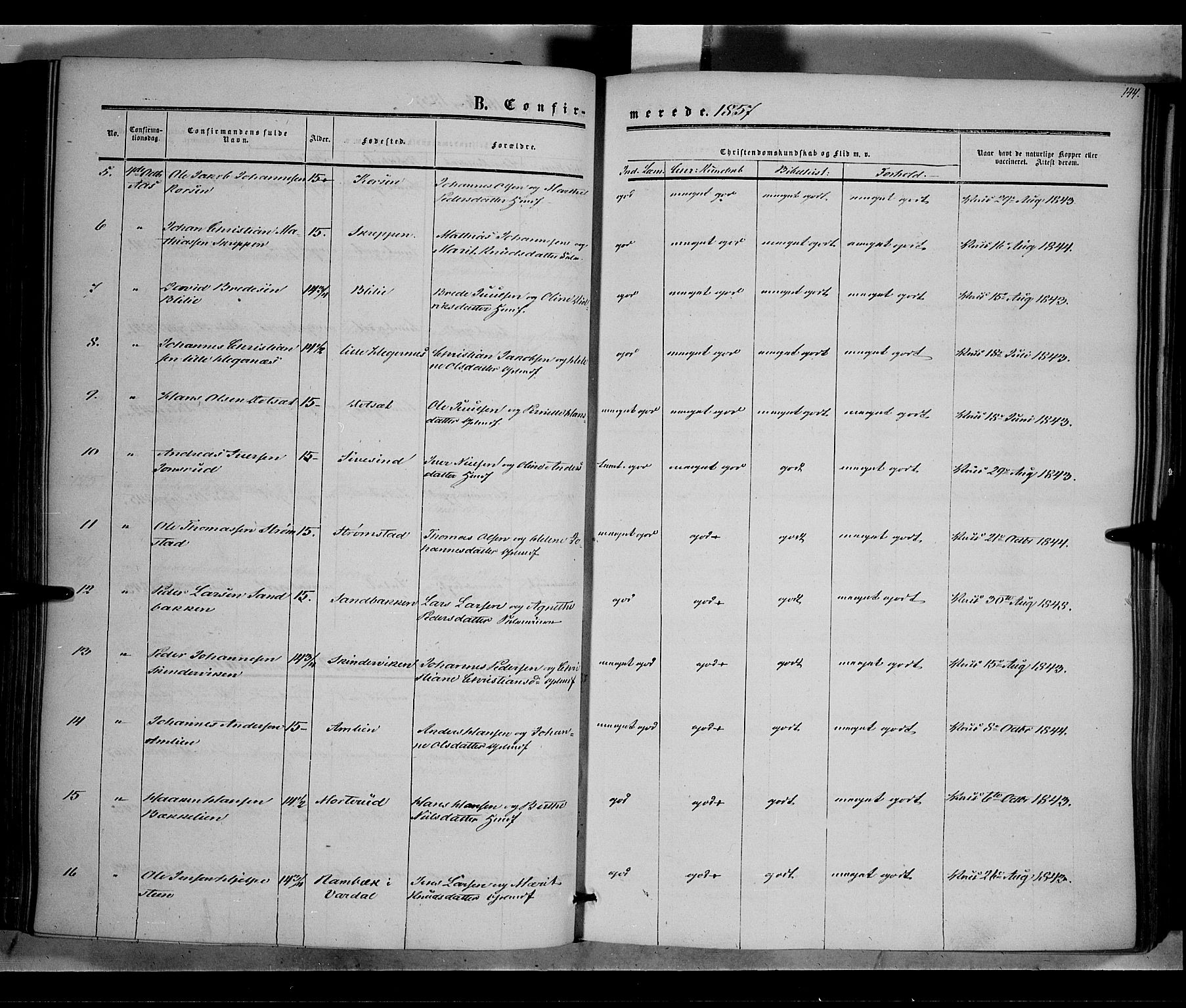 Vestre Toten prestekontor, SAH/PREST-108/H/Ha/Haa/L0006: Parish register (official) no. 6, 1856-1861, p. 144