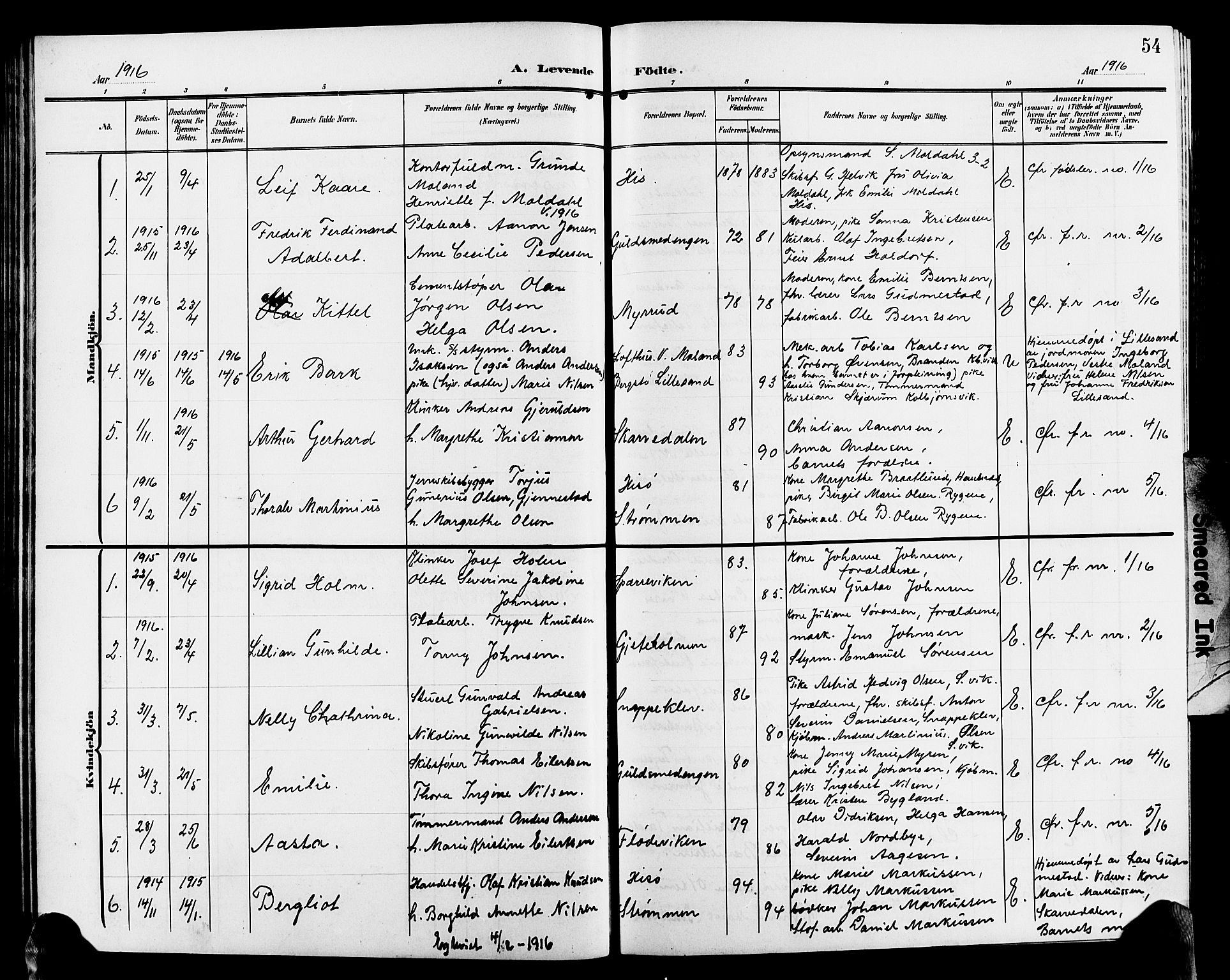 Hisøy sokneprestkontor, AV/SAK-1111-0020/F/Fb/L0004: Parish register (copy) no. B 4, 1905-1923, p. 54