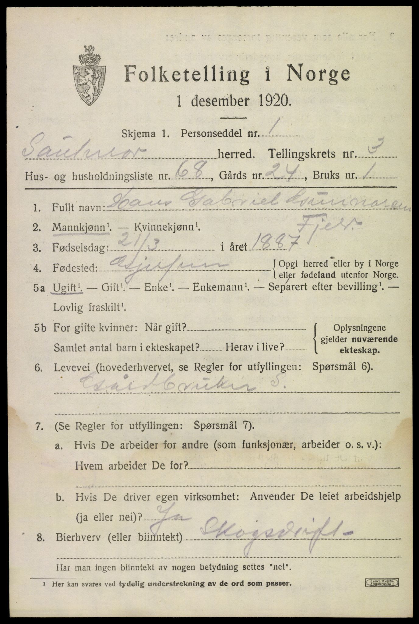 SAKO, 1920 census for Sauherad, 1920, p. 3605